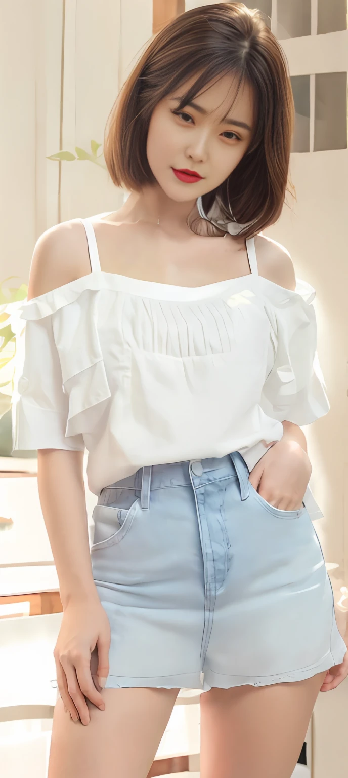 Alatei Asian woman posing for photo wearing white top and blue denim skirt, cute top, White top, white trendy clothes, loose - fitting blouses, with white, wearing a cute top, casual white garment, trendy white clothing, wearing white camisole, fancy top, Short sleeves, frill, White blouse, Casual clothing, off-the-shoulder shirts