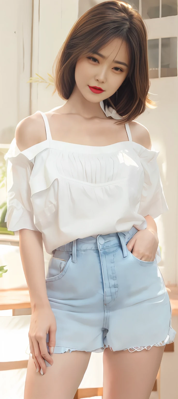Alatei Asian woman posing for photo wearing white top and blue denim skirt, cute top, White top, white trendy clothes, loose - fitting blouses, with white, wearing a cute top, casual white garment, trendy white clothing, wearing white camisole, fancy top, Short sleeves, frill, White blouse, Casual clothing, off-the-shoulder shirts