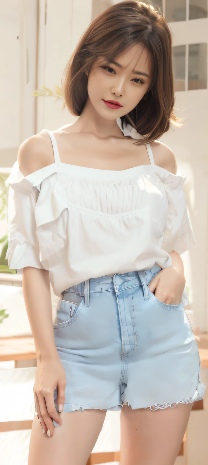Alatei Asian woman posing for photo wearing white top and blue denim skirt, cute top, White top, white trendy clothes, loose - fitting blouses, with white, wearing a cute top, casual white garment, trendy white clothing, wearing white camisole, fancy top, Short sleeves, frill, White blouse, Casual clothing, off-the-shoulder shirts
