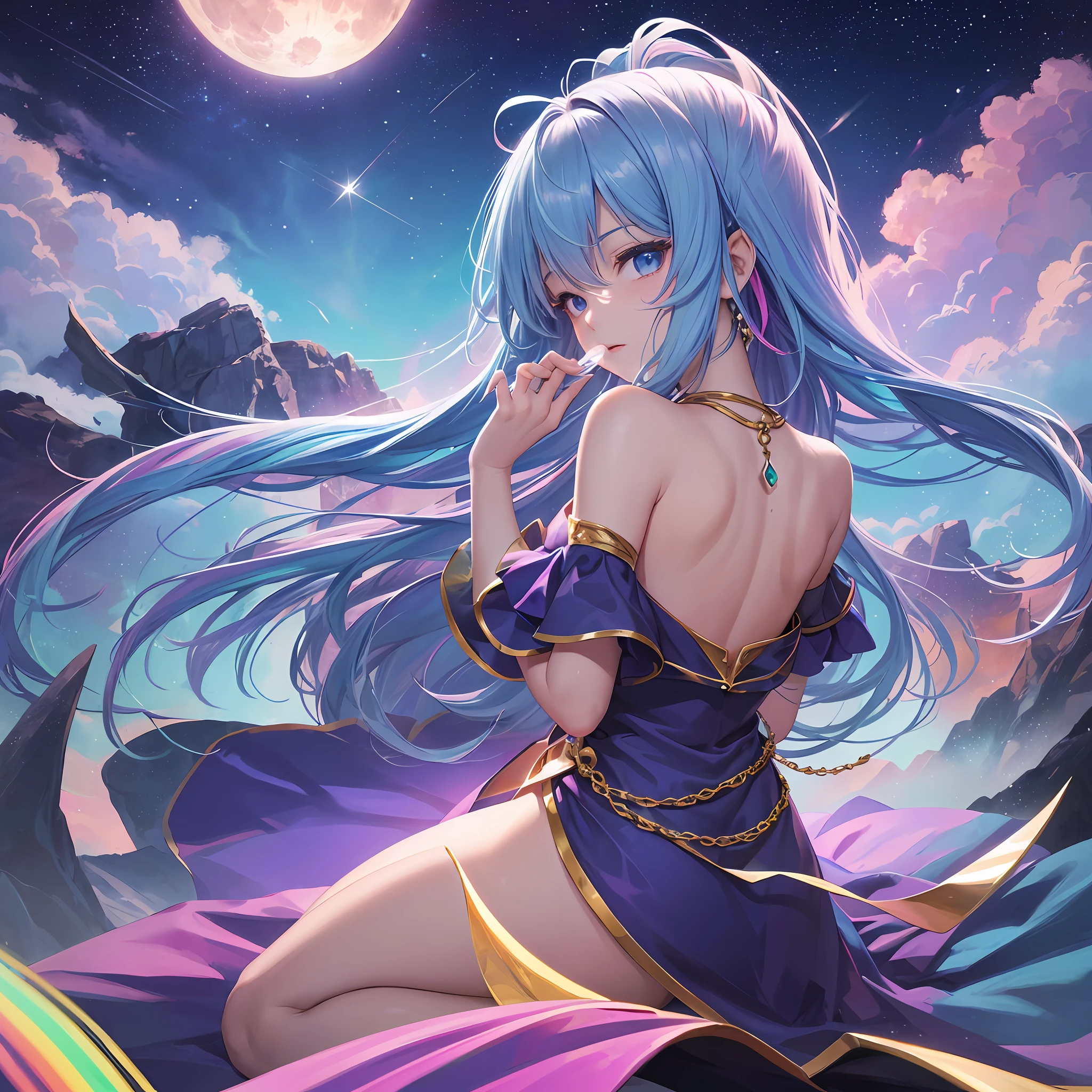 Dark Magician Girl、MKSKS style、2guys、(highly detailed back ground:1.0)、(highly detailed back ground:1.0)、​masterpiece、top-quality、An ultra-high picture quality、16k、Blue eyes、From  above、Put your hands between your legs、The upper part of the body、Sitting in a plush chair、Twisting the body、Hair ornament with emerald、Reddish cheeks、Smiling、(1/2 pink and 1/2 Light blue hair、rainbow-colored hair)、(Colorful dress with a lot of draping、Rainbow dress:1.3)、Fur muffler、Silver necklace、Silver bracelet、Bad hands, bad finger, Missing fingers, Extra fingers、(Blowing in the wind:1.4)、(Ray-like pattern:1.4)、Aurora、night sky full of stars、shooting stars、fullmoon、natta --auto