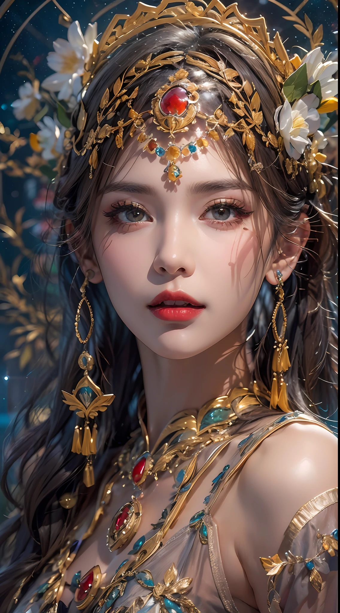1 zodiac goddess from the future, wearing a thin silk dress, the goddess of the palace is beautiful, the goddess of the zodiac is wearing a colorful thin silk dress with sexy white and black lace trim, the goddess gives off a bow aura vibrant purple-pink zodiac, the stars have the shapes of the 12 zodiac, the goddess of the zodiac in a thin silk dress the golden zodiac with many black details, the mythical goddess of the 12 zodiac , Zodiac sign ♏, zodiac style royal, dark and mysterious version, Full breasts, Red well-proportioned and beautiful lips, characters by karol bak and pino daeni, intricate details , detailed background, many background objects, extremely detailed, magic light, a woman, clearly drawn face, beautiful face and symmetrical eyes, pretty and charming red lips , big round eyes and very beautiful and detailed makeup, far focus, thin silk dress, hair jewelry, neck jewelry, dress jewelry, hand and thigh jewelry, goddess leg jewelry, mystical jewelry, body portrait, drooping arms, sexy and seductive zodiac goddess, (background space: 1.8), (galaxy: 1.7), aurora, lightning, (polar background: 1.8) optical: 1.8 ), beautiful eyes, beautiful eyes photo, beautiful goddess and flowers,