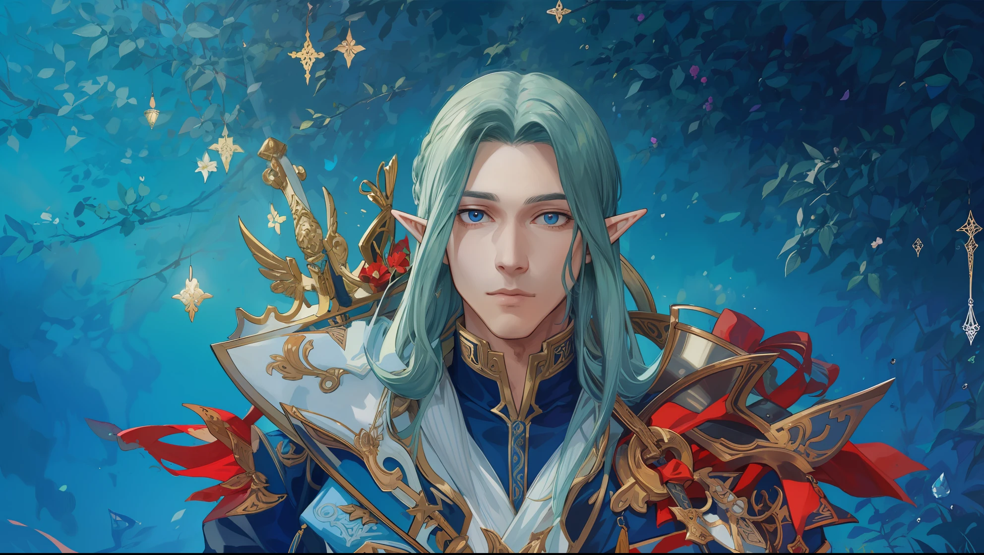 Close-up of a man with long hair and a sword,  a male elf, beautiful male elf, a portrait of a male elf