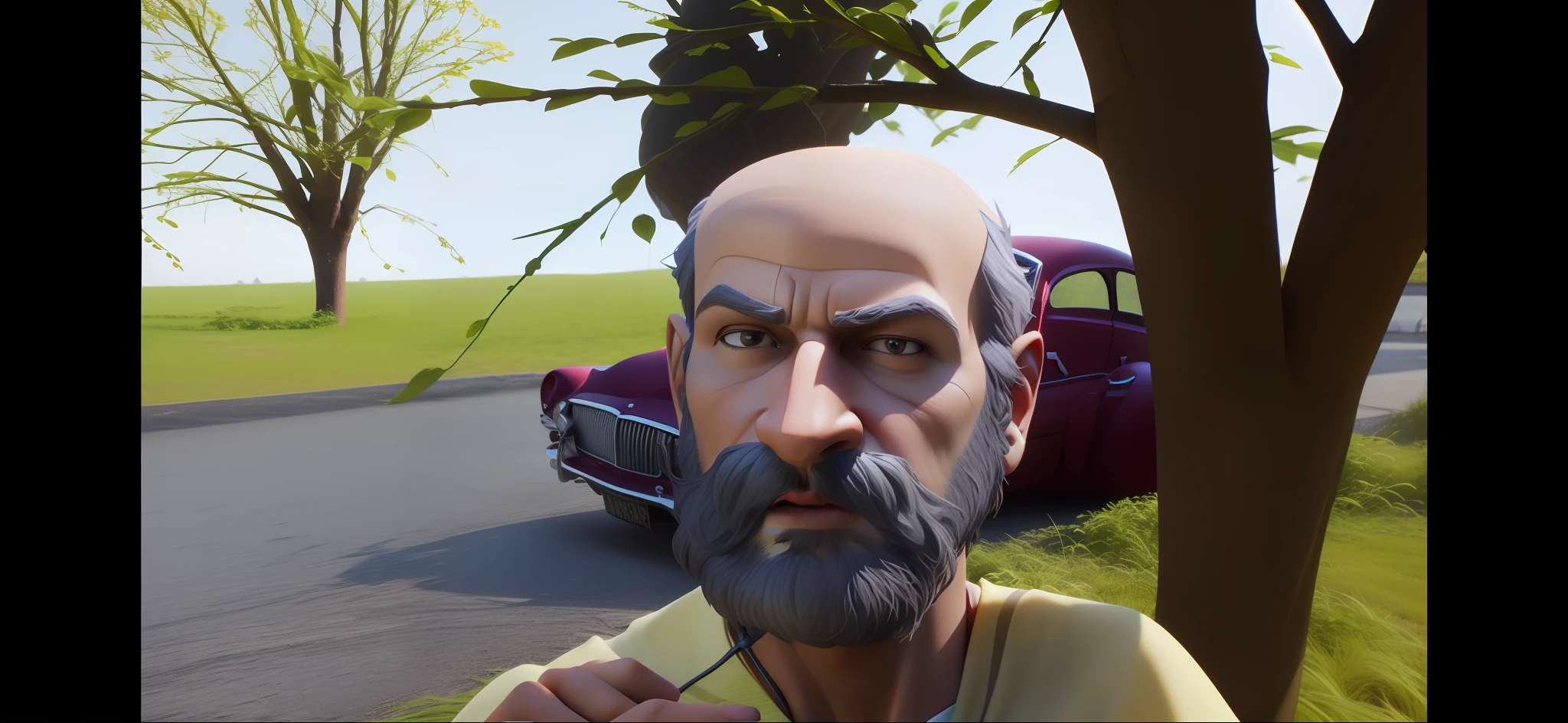 Cartoon man with beard and mustache sitting in front of a car, animated still, animated film still, animated film still, animated film, 3D анимация, 3D анимация, animation still, animation still screencap, animated movie shot, animated movie scene, 3D Animated Film, 3D animated film, animation film, animated film still, 3D avatar demo