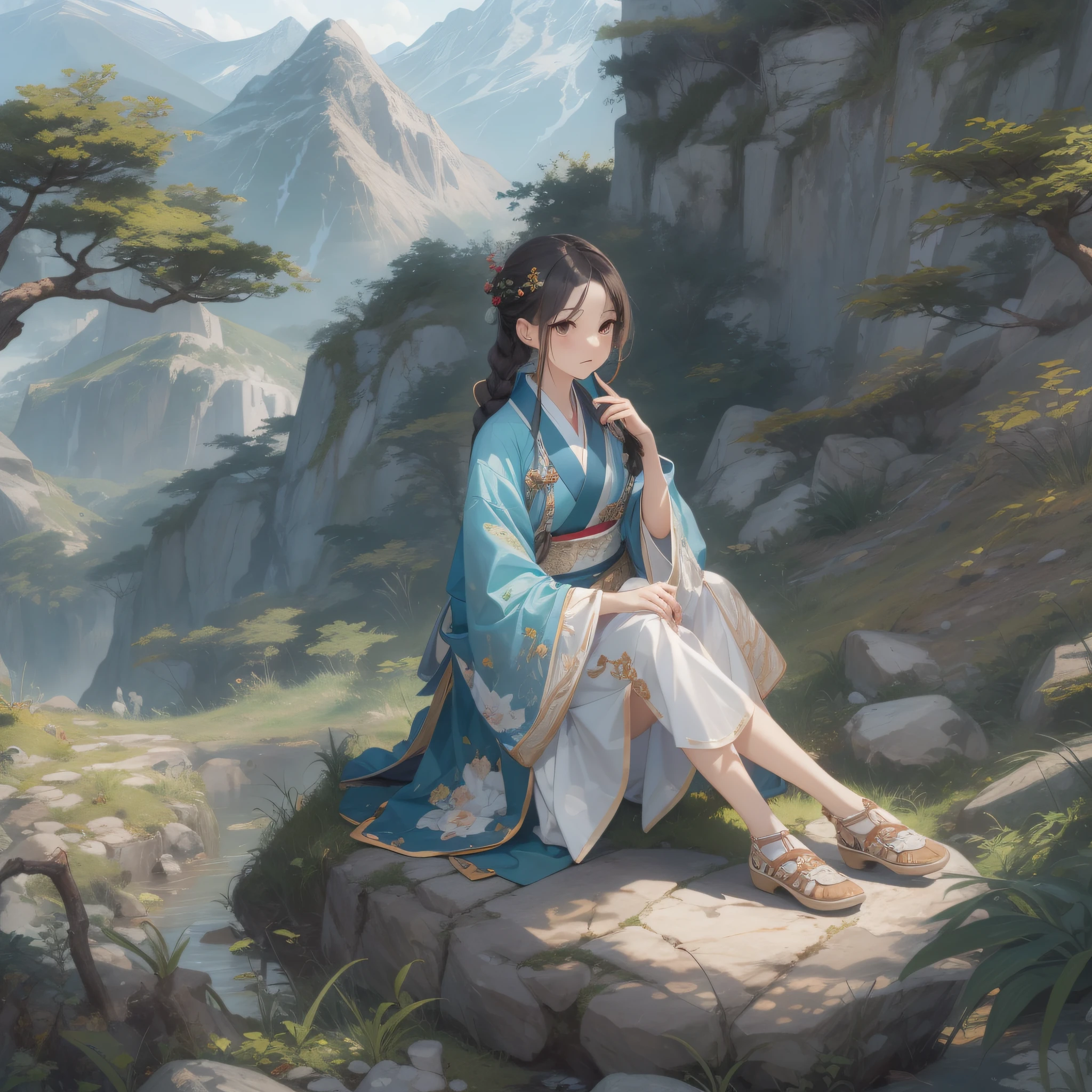 (Masterpiece), (Best quality), (Ultra-detailed), gongbi, 1girll, Solo, Braid, Hanfu, flat shoes, upper legs, is sitting on a rock, plant, Outdoors, Mountain, scenery, sigils