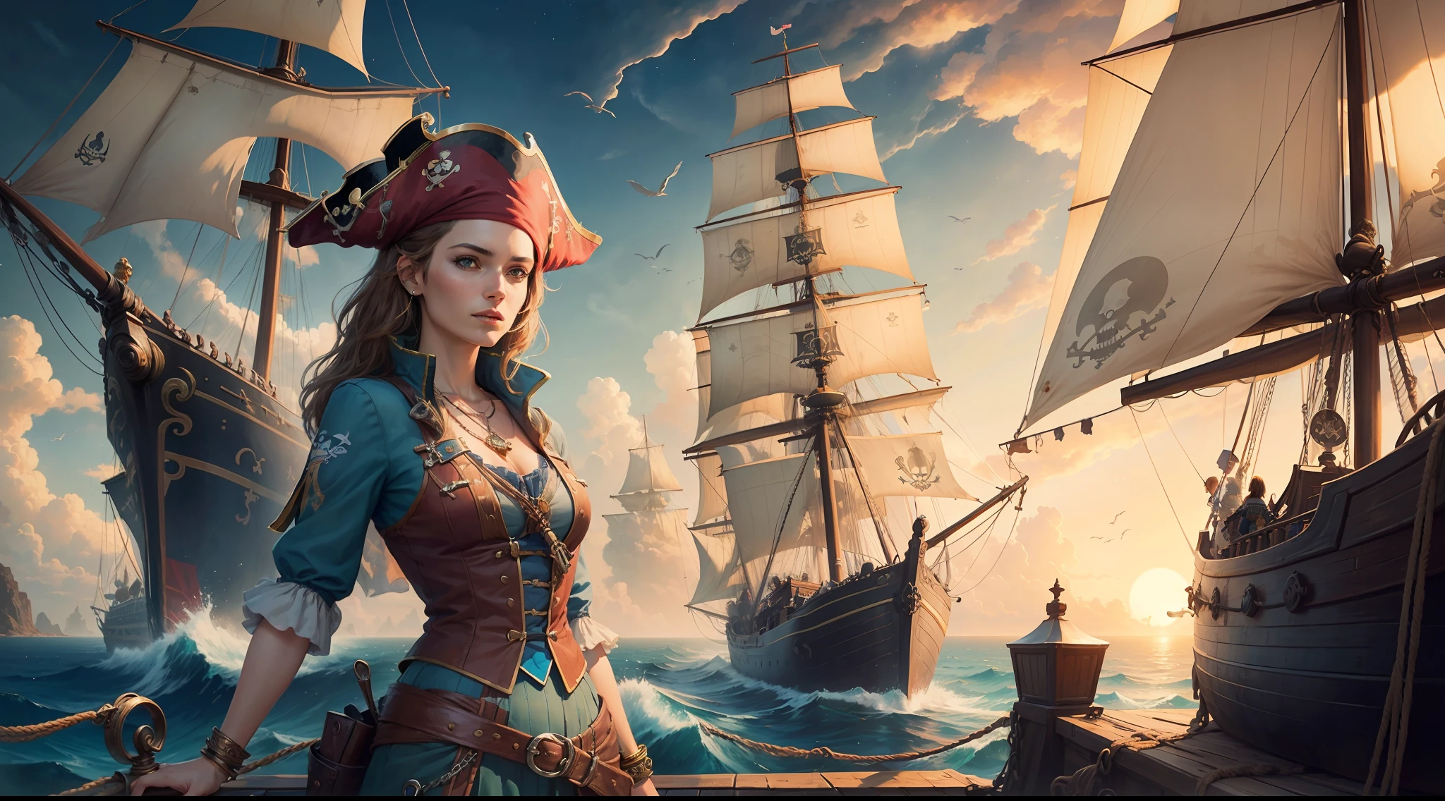 ((one pirate woman standing on fantasy sailing ship)), detailed face, brown hair, ((jewellery)), (colorful clouds), sunrise, stars, ships far away in ocean
