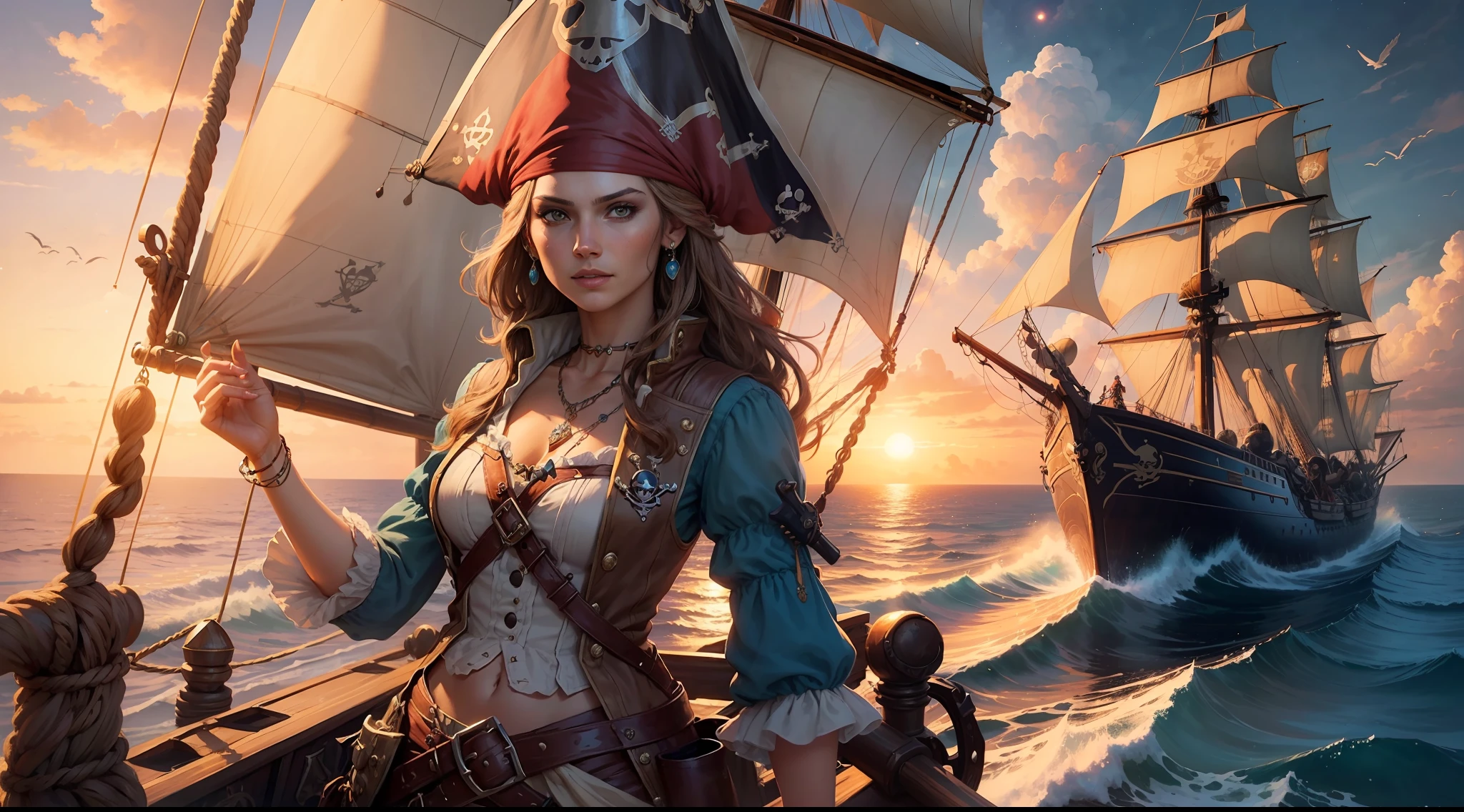 ((one pirate woman standing on fantasy sailing ship)), detailed face, brown hair, ((jewellery)), (colorful clouds), sunrise, stars, ships far away in ocean