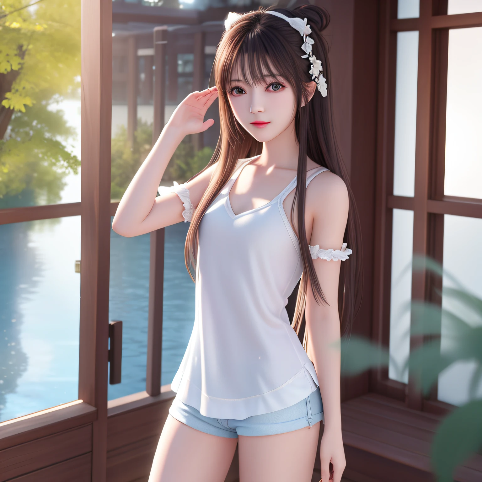 Best quality、tmasterpiece、A high resolution、1girl、Tight little shorts、Long hair、There is water on the body、Bare-chested、Tyndall effect、realisticlying、female pervert、edge lit、bicolor lighting、(highdetailskin:1.2)、8k UHD、dslr、softlighting、high high quality、volumettic light、sneak shot、photore、A high resolution、4k、8k、The background is blurred out,