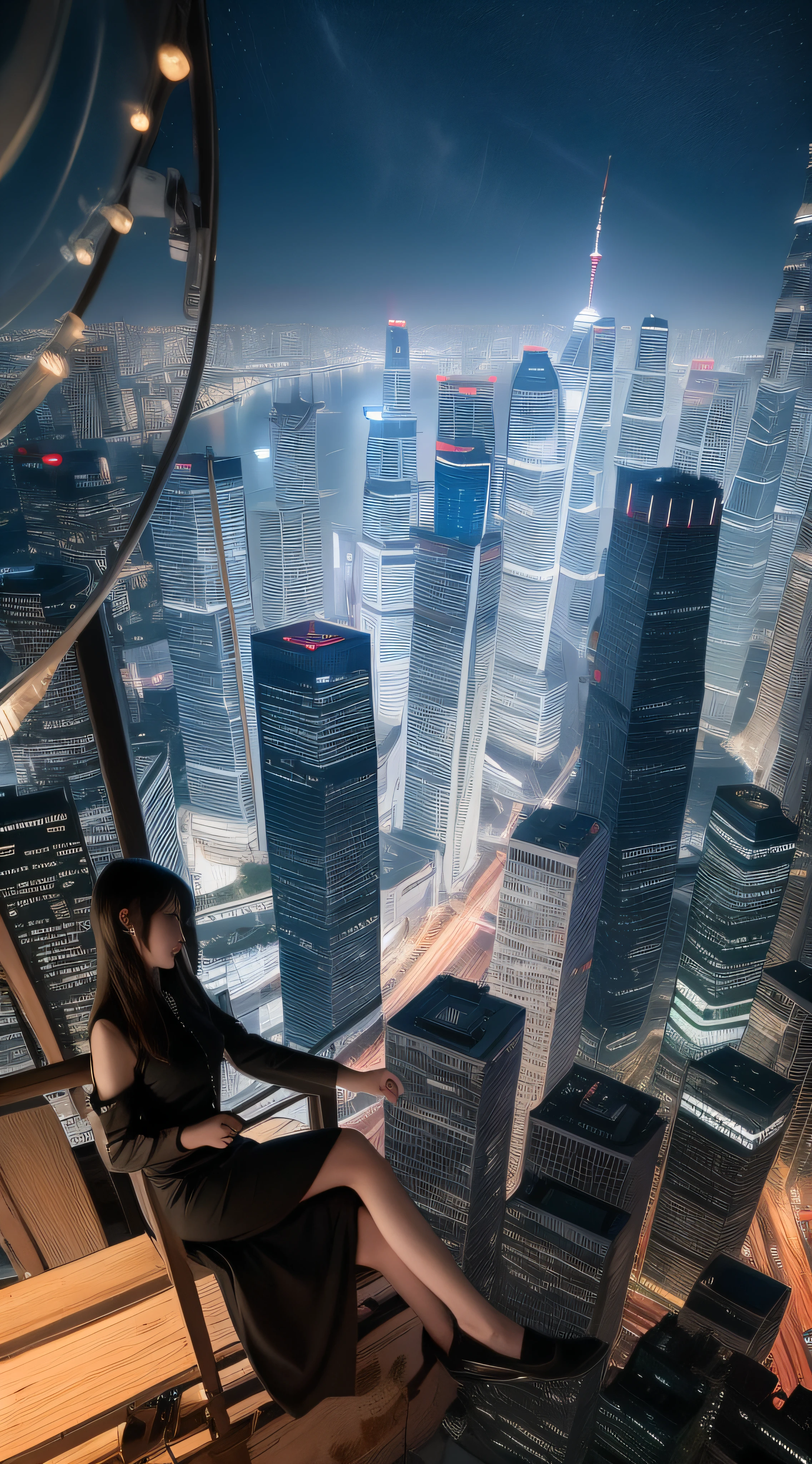 New Year's summer night，A city in Shanghai, China，Aesthetic shooting，Shooting at night，A Chinese girl sits on deck，Behind it is the bridge and the city skyline，On the roof of Tokyo Night View，Great view on summer nights，complete view。 --auto