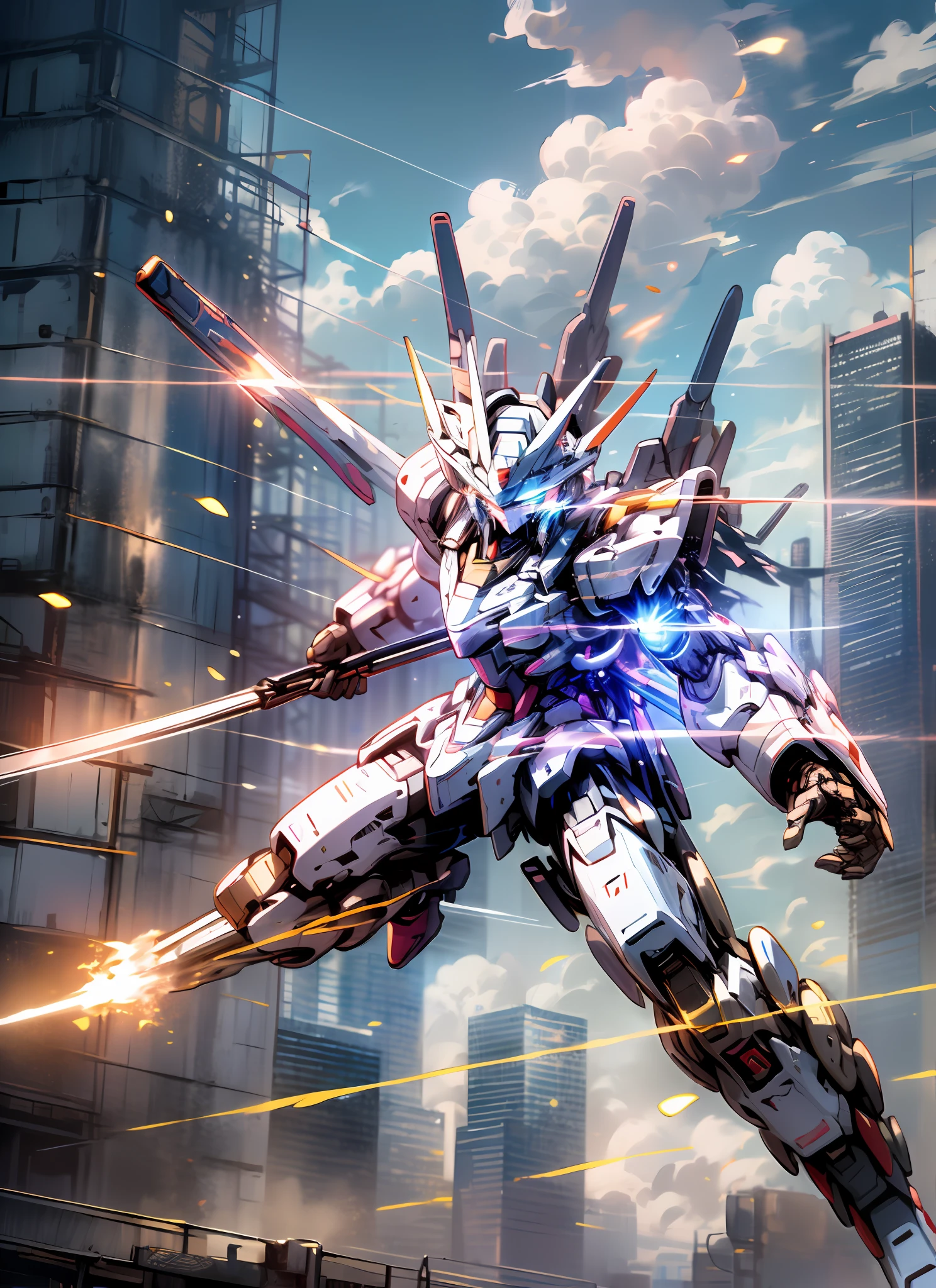 Highest image quality,scientific fiction,City as background,There are clouds in the sky,A robot Gundam dives down with a weapon,Vigorously swing a hand and fire an energy cannon in a certain direction in the city,At this time, the body is glowing,There was a mysterious light in his eyes,It flies like a falcon。