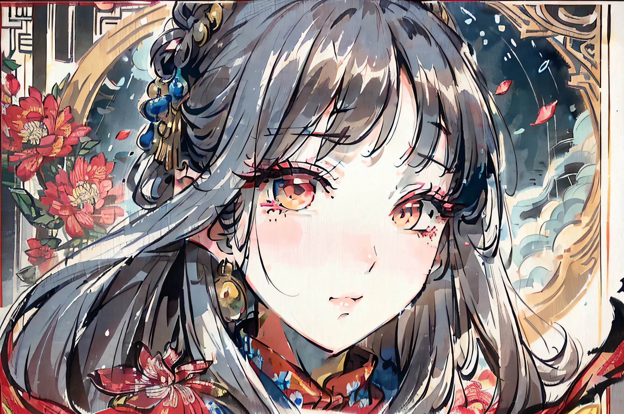 (Masterpiece:1.2, high quality), (pixiv:1.4),(Gongbi painting of the Song Dynasty:1.4)(wide-angle lens,Panoramic:1.2),(imid shot:0.95),(imid shot,macro shot:1.25),Dynamic Angle, Perspective, High Point,
masterpiece, best quality, 8k, insane details, intricate details, hyperdetailed, hyper quality, highancient China(Chinese architecture:1.5)Braid(mature female:1.5),sideways glance, (cold attitude:1.2),
Eyebrows like early spring willow leaves, often with rain hate cloud sorrow, Face such as peach blossom in March, hidden amorous month.   Thin waist curl, constrained yan lazy warbler languid, Sandalwood mouth light, seduce the bee crazy butterfly chaos.   Enchanting jade speech, beautiful jade fragrance,
A shot with tension(sky glows red,Visual impact,giving the poster a dynamic and visually striking appearance:1.2),close-up,(imid shot,macro shot:1.25),(Detailed face description),(Detailed hair description),(Detailed clothes description),
{Extremely Delicate Beautiful},(detailed eye description),((Delicate Faces)),(Beautiful and detailed facial depiction),
(beautiful face),thin face,slim,oval face,perfect face,delicate face,eyes detailed, Milky skin,(full body:1.8), white hair,