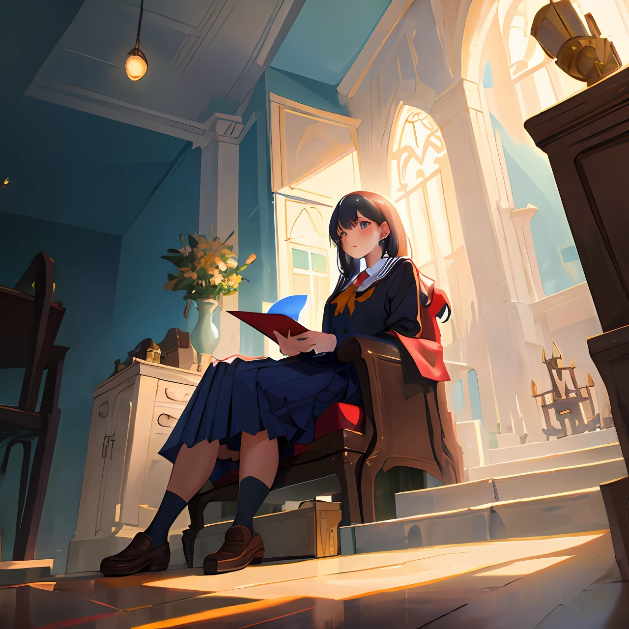 drak，a throne，schoolgirls，rays of sunshine，Overlooking