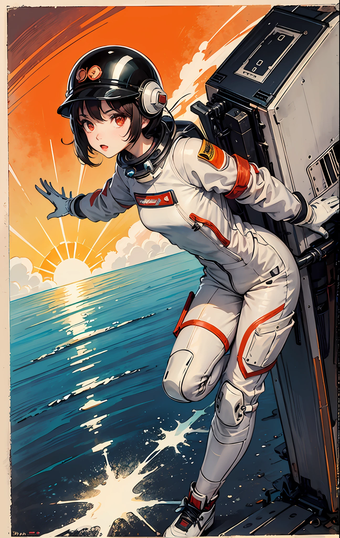 1girl, flat chested, cute, beautiful detailed eyes, shiny hair, visible through the hair, hair between the eyes, CCCPposter, sovietposter, red monochrome, Soviet poster, USSR, communism, black hair, red eyes, vampire ,girl,small breasts,spacesuit:Orange_clothing_body:jumpsuit ), white_gloves, white_space shoes, white_helmet, CCCP scarlet letters on the top of the helmet, weightlessness, Side light, reflection, the person in the spacesuit is at the bottom left of the picture, right hand outstretched, right hand Gently touch the Salyut space station), the space station in the upper right corner of the screen, the reflected light of the sun, silver metal, red flag, brilliance, Soviet style, diffuse reflection, metal texture, blue earth in the distance, mech style, star sea, high-profile, majestic