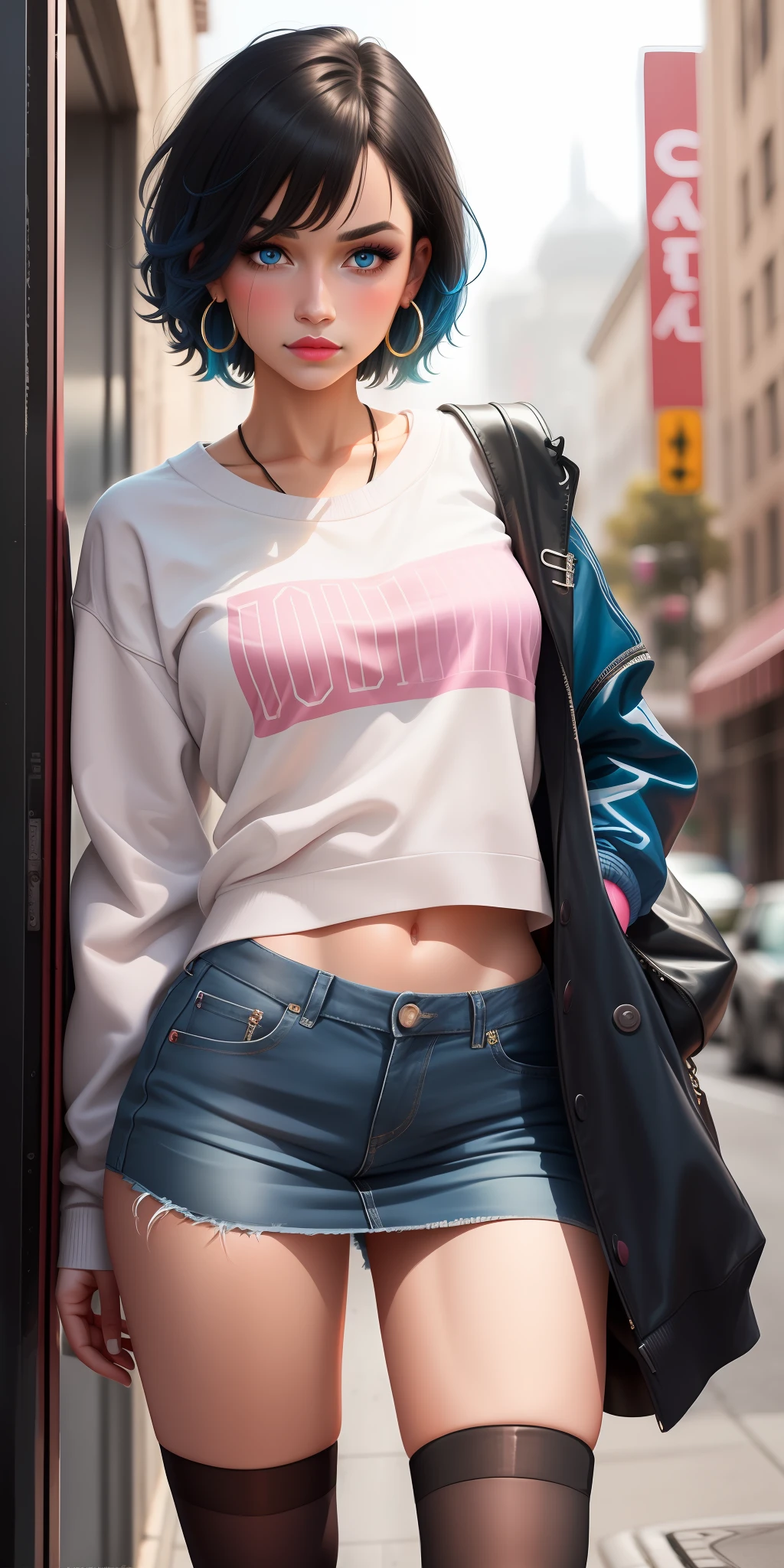 woman, sleek black short hair, blue hair band, blue eyes, pink lips, heavy blush, hoop earrings, sweatshirt, mini skirt, knee high socks