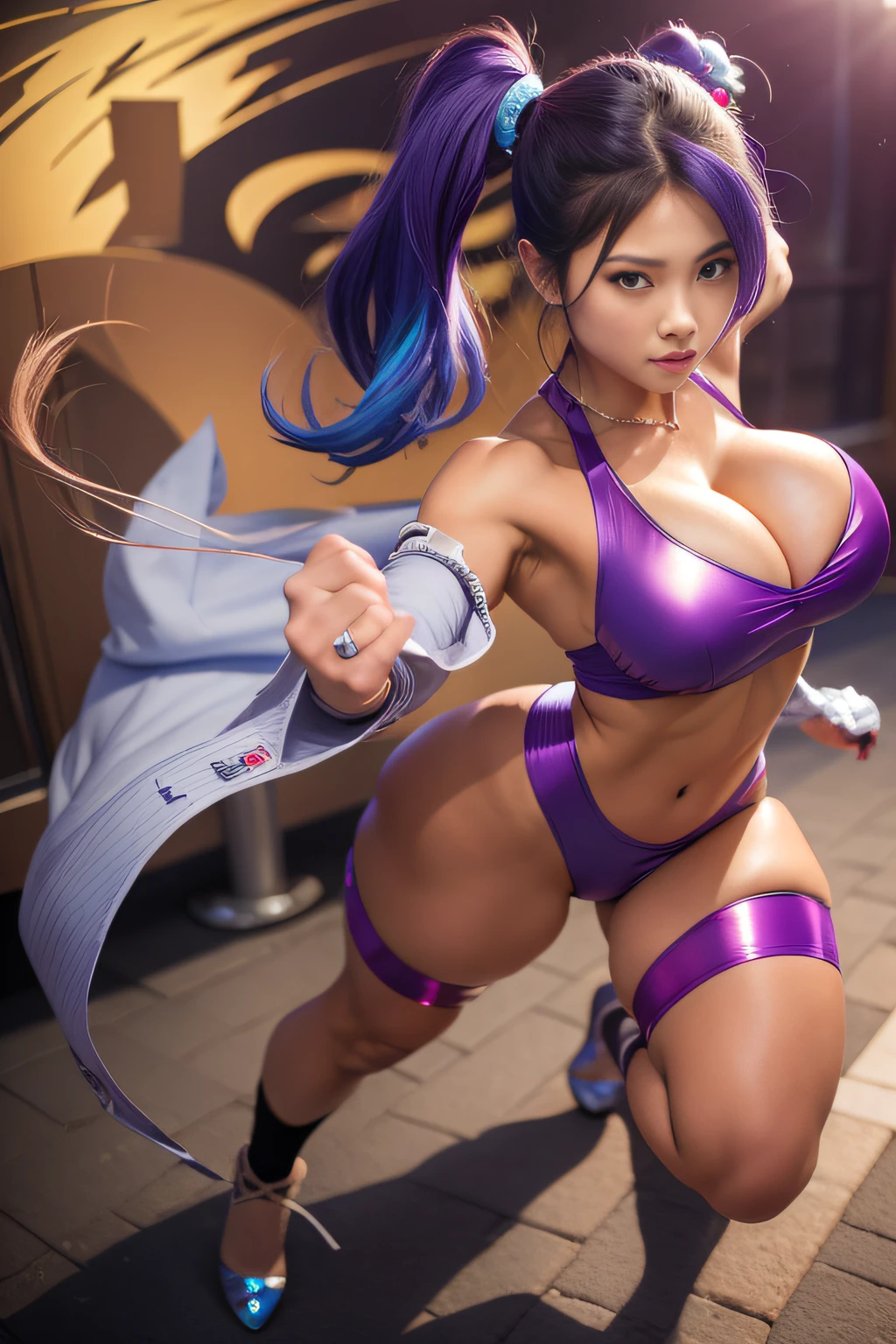 street fighter、Five Fingers、Very big big breasts、fighting poses、Chest that seems to burst、cleavage of the breast、One lady、Long legs、Fitness Model、musculature、abdominals、Powerful Pose、punch、Height 175cm、poneyTail、skin tanned、A smile、clothes shiny、full-body view、Clothes that shine in iridescent colors、publicity cosplay、full-cosplay、taken with canon 5d mk4、cosplay foto