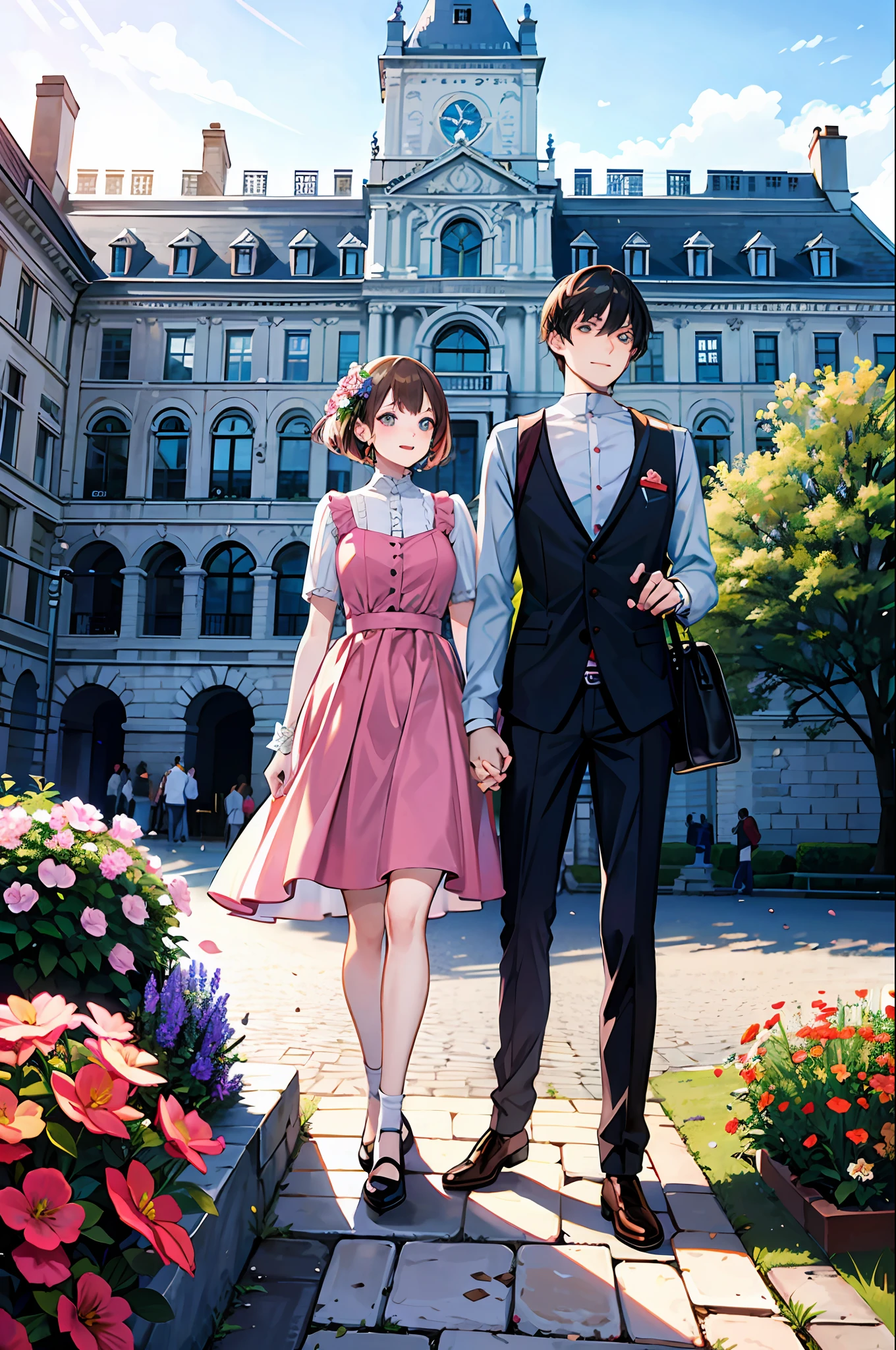 couple in a beautiful square with flowers and full of people with children playing and a huge building behind