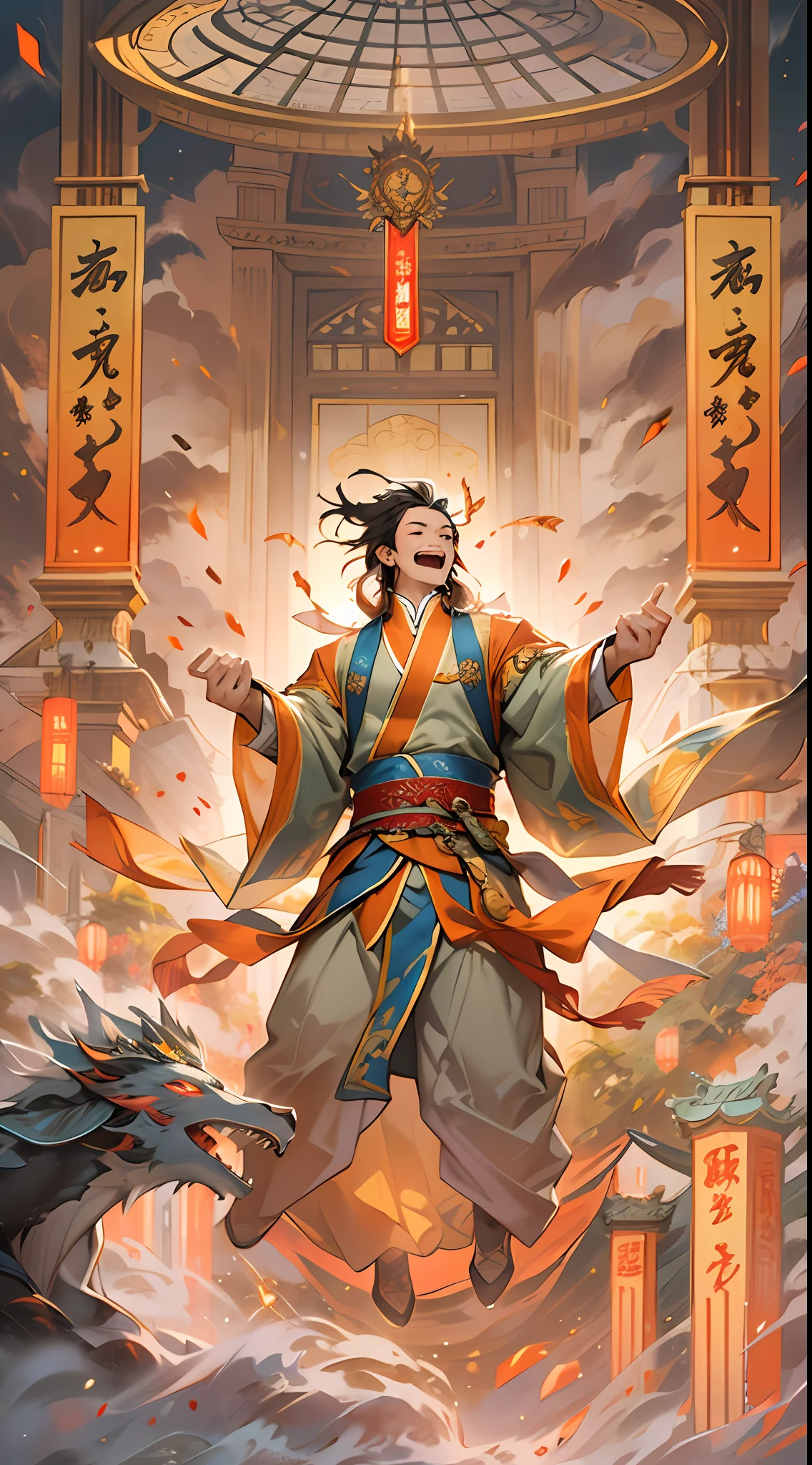 Members of the Ling Shan group cheering and jumping with excitement and joy. Li Gu stands under a radiant pillar of light, surrounded by a mysterious glow. His power is constantly growing, and the air around him seems to be tense. , 32k, best quality, masterpiece, super detail, high details,