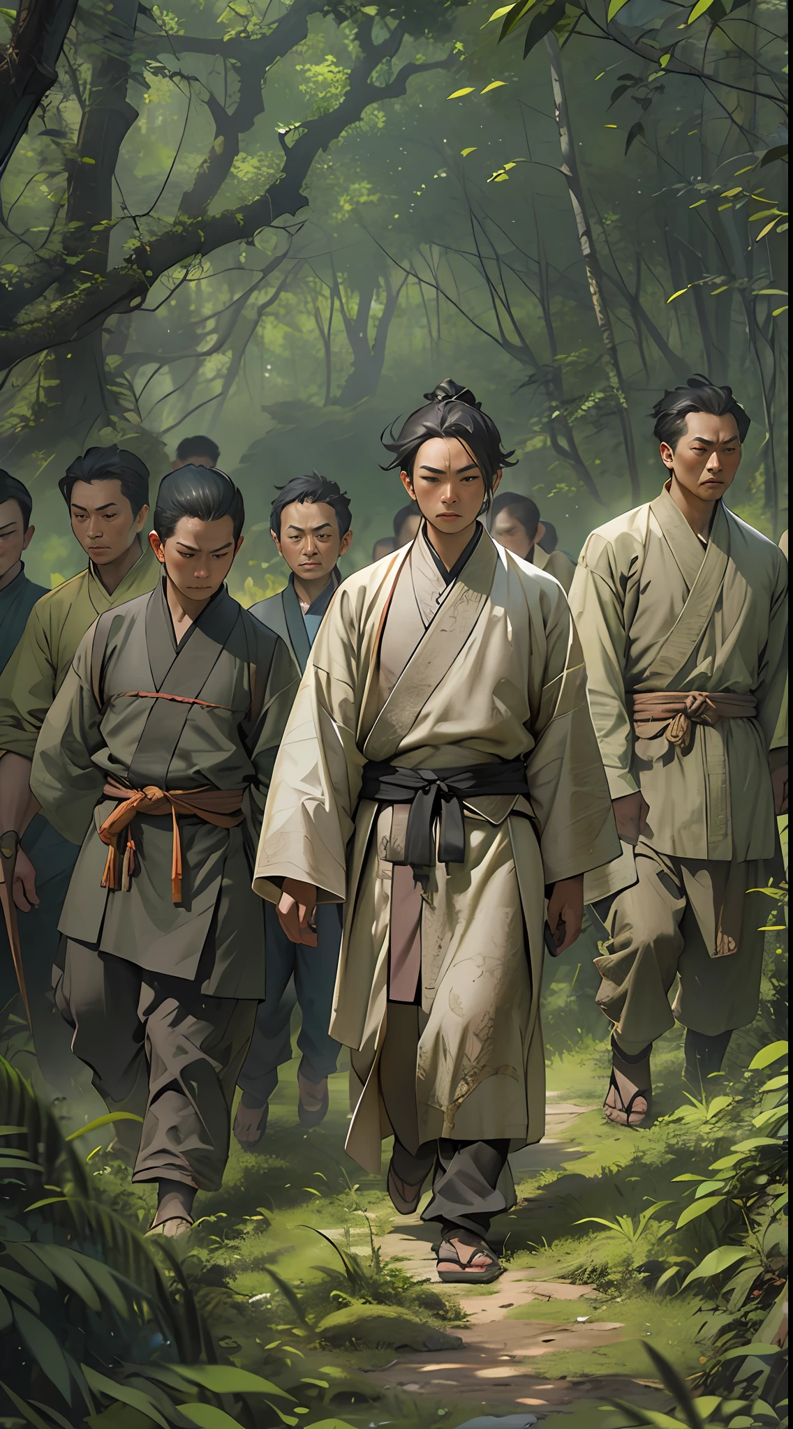 Members of the Ling Shan group walking out of a dense forest, exhausted and sweaty. Li Gu stands in their midst, with a calm and determined expression on his face. Representatives of other forces stand in the distance, their eyes filled with contempt and ridicule, , 32k, best quality, masterpiece, super detail, high details,