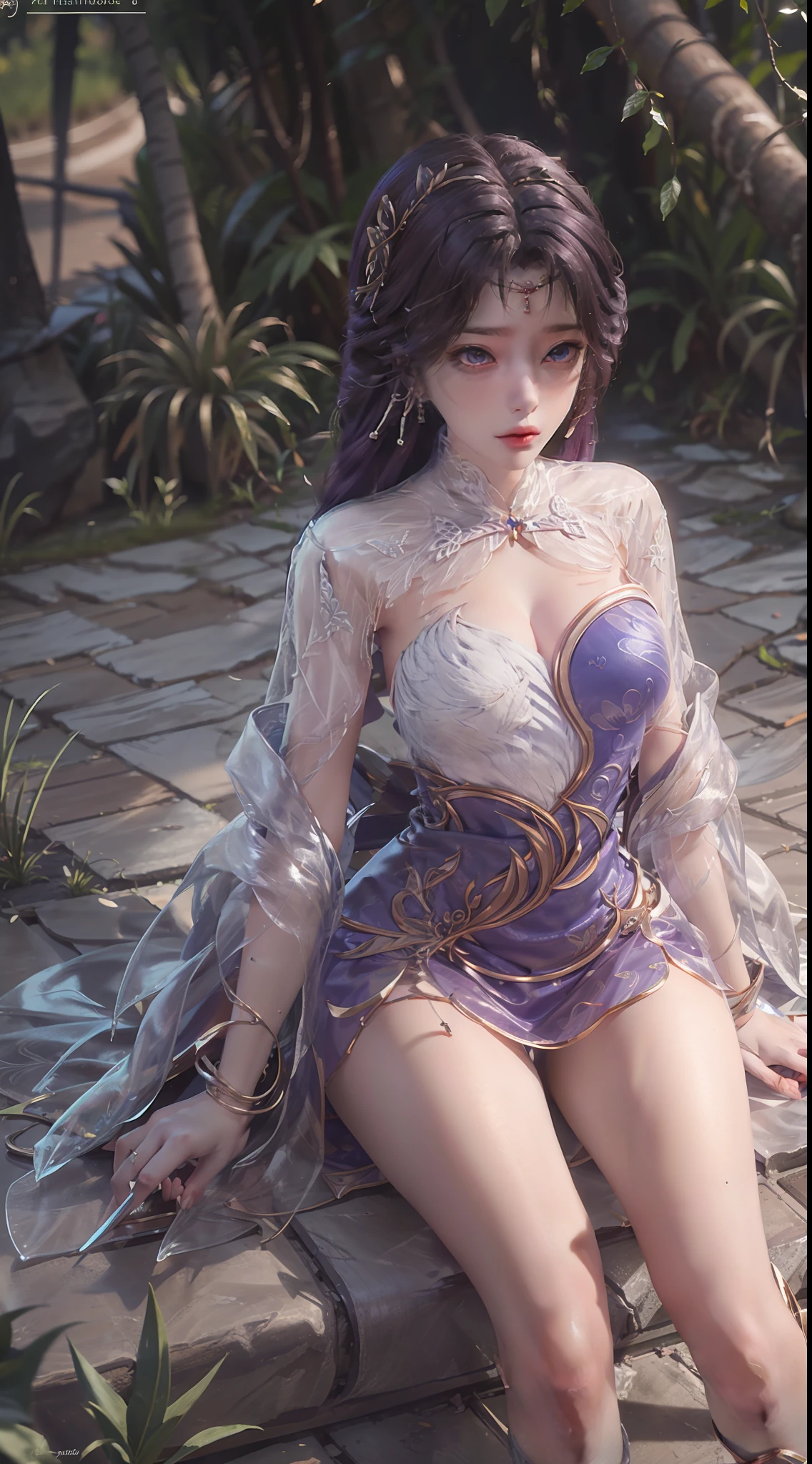 ((high qulity)), ((tmasterpiece)), 8K, Sit on your knees，Long legs，Bigchest，Background roadside，Elaborate Eyes，Long white socks，adorable expression，