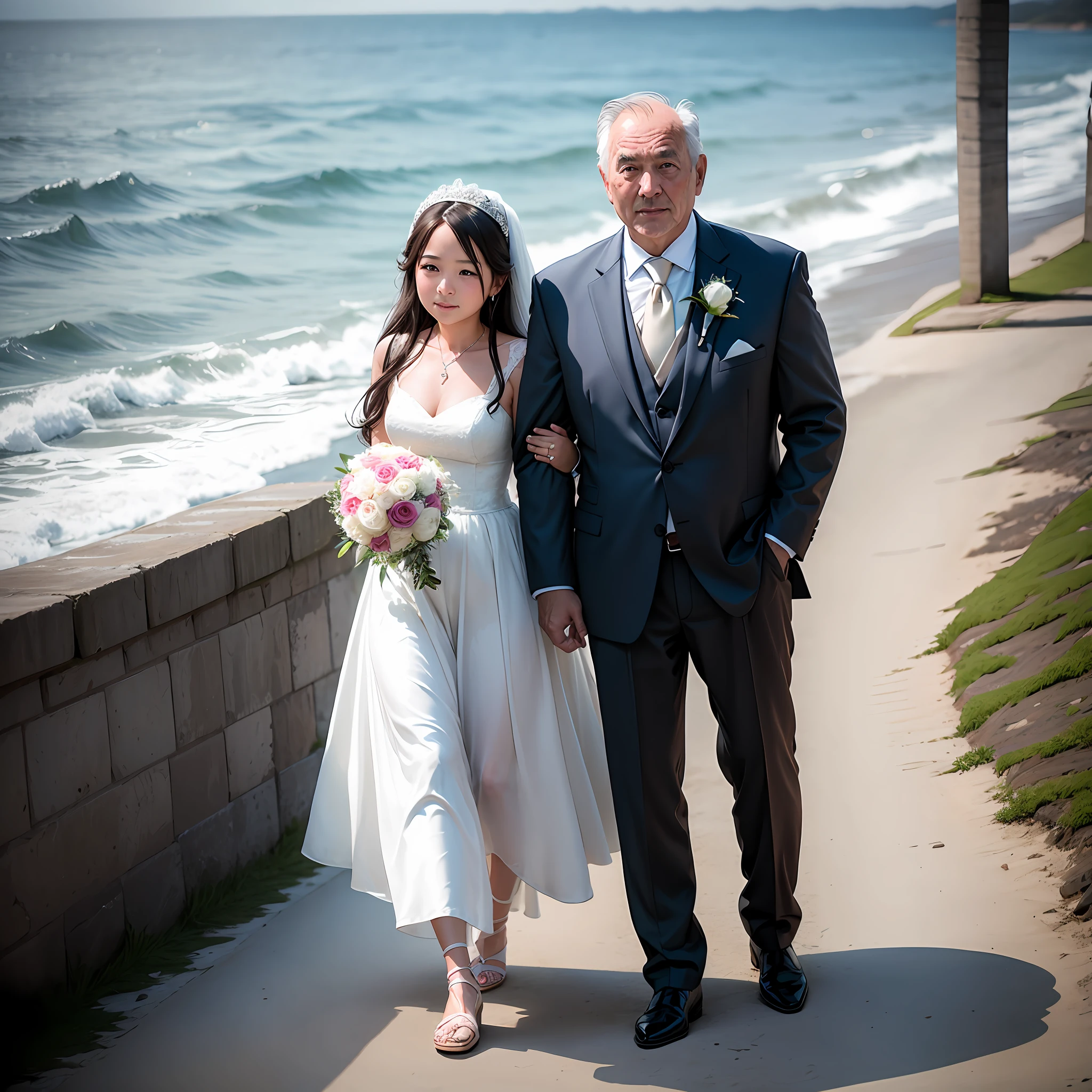 Wedding photos by the sea，A young girl and an older man --auto