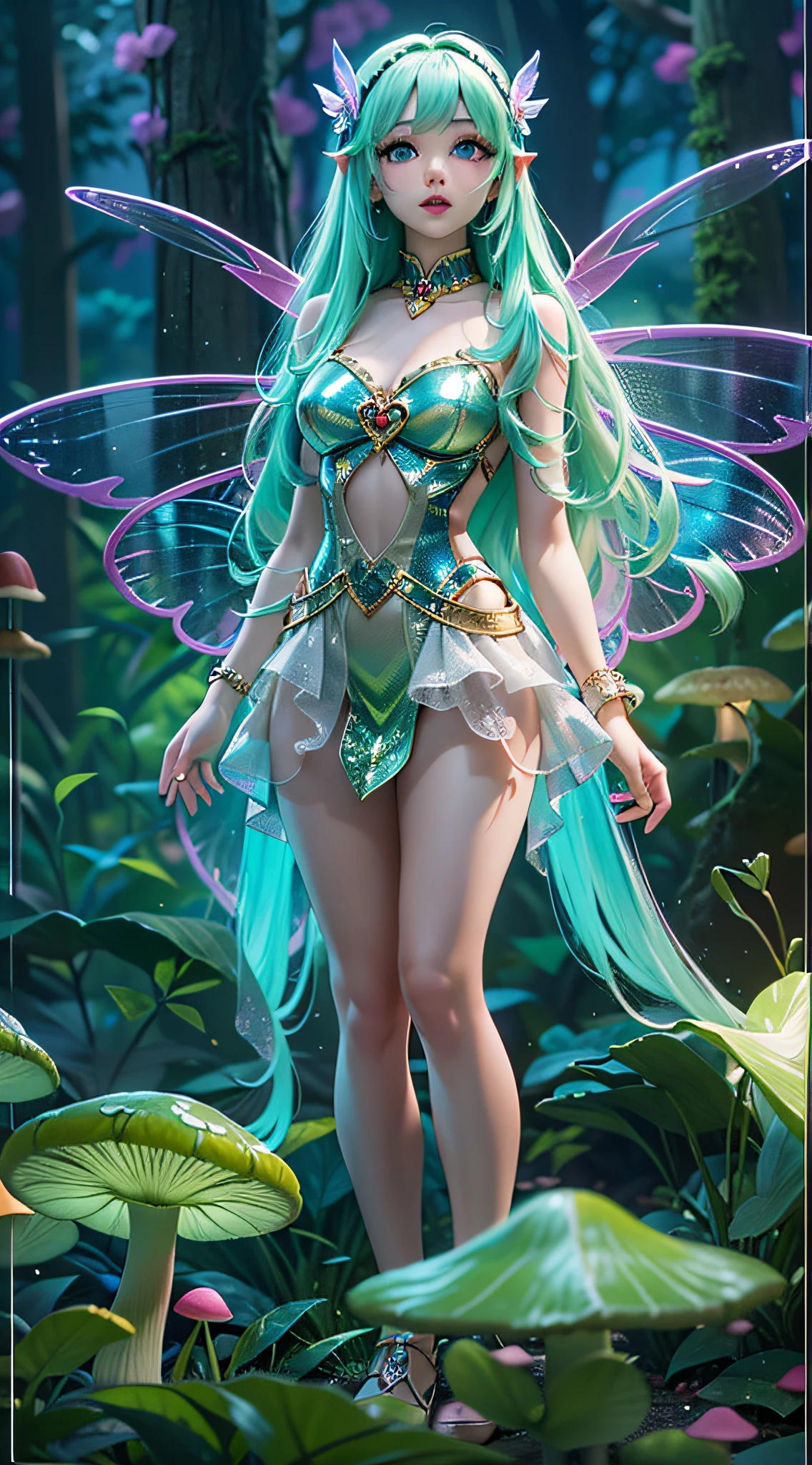 ((Masterpiece)), best quality, absurderes, ultra detailed, holographic, fairy girl, super beautiful asian girl with very beautiful lime blue eyes, beautiful glowing blue lime hair, straight long hair, nice and sexy body, wearing a very tight mini dress, very beautiful and luminescent fairy wings, flying in a psychodelic fairy forest with crazy mushrooms