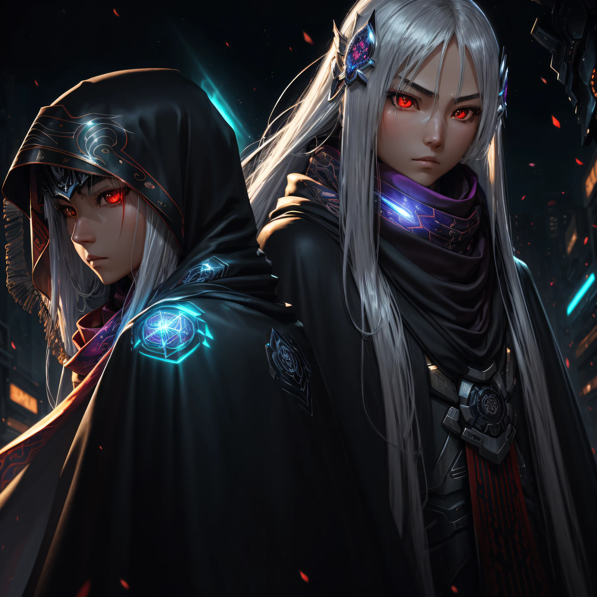 Realistic,Shiny,Reflective,bioluminic, galactic cybernetic mask,Mecha,(assassins:1.2),((((Scarf,long cape)))),SH4G0D,illuminated runes_Red,full bodyesbian,cinemnatic,Dark background,Backlight,High contrast,kitsune mask, bone hair ornament, snake hair ornament, flowers in head, japenese, Very long hair, Silver hair, Asymmetrical hair, Raised eyebrows, Glaring, Red eyes, Pupil of the slit, eyes reflection, expressionless eyes, surrealism, Verism, Cinematic lighting, hyper photorealism, back lit lighting, Chiaroscuro, character sheets, Atmospheric perspective, Bokeh, f/4.0, 16k, hyper HD --auto