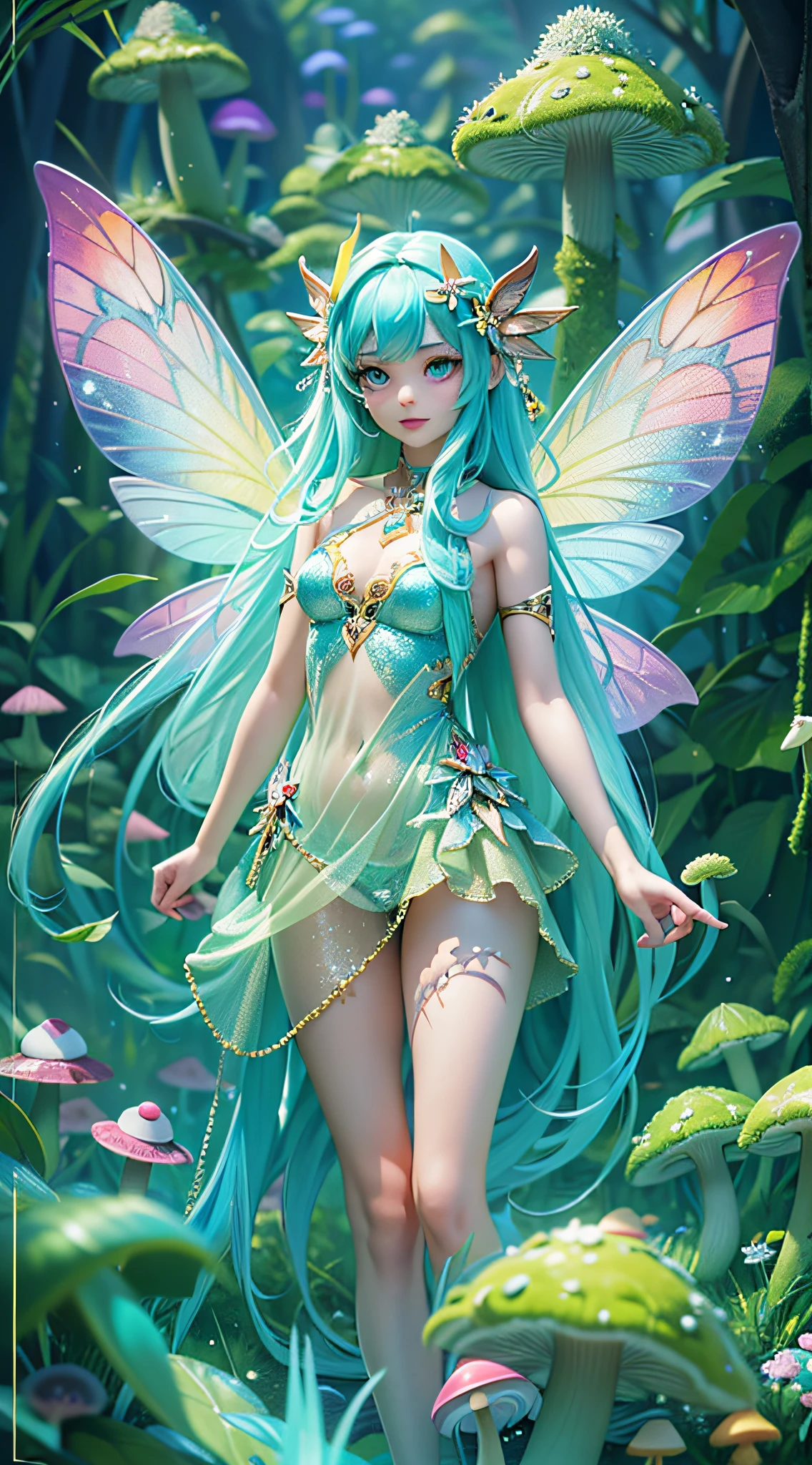 ((Masterpiece)), best quality, absurderes, ultra detailed, holographic, fairy girl, super beautiful asian girl with very beautiful lime blue eyes, beautiful glowing blue lime hair, straight long hair, nice and sexy body, wearing a very tight mini dress, very beautiful and luminescent fairy wings, flying in a psychodelic fairy forest with crazy mushrooms