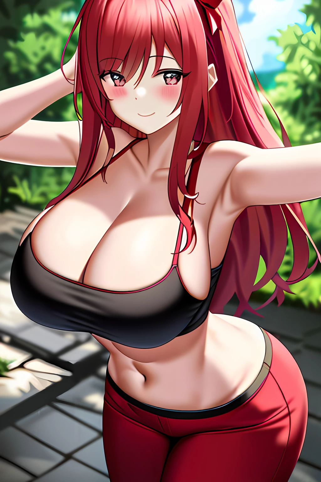 tmasterpiece，（expressioness：Affectionate smile）， 1girll， a mature female， Best quality at best， （：0.2）， （gigantic cleavage breasts：1.0）， largeeyes， （curves：0.8）， Caustics， （rays of sunshine：0.8），Long crimson hair draped loosely，   red color eyes，  Short black vest， red-skinny pants，Reveals strong abs，a sexy pose