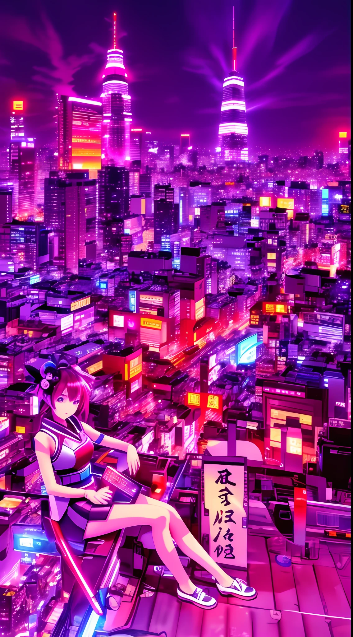 Best Picture Quality,High pixel viewing angle,Anime girl sitting on the rooftop of Tokyo cyberpunk night,Overlooking the city at night,Japanese cities are lit up at night,The surroundings create a futuristic cyberpunk atmosphere,anime art style,The girl is dressed in a cybergeisha costume,Red hair flutters in the wind,Everything good is digitized,Digital beauty,Perfect photography。 --auto