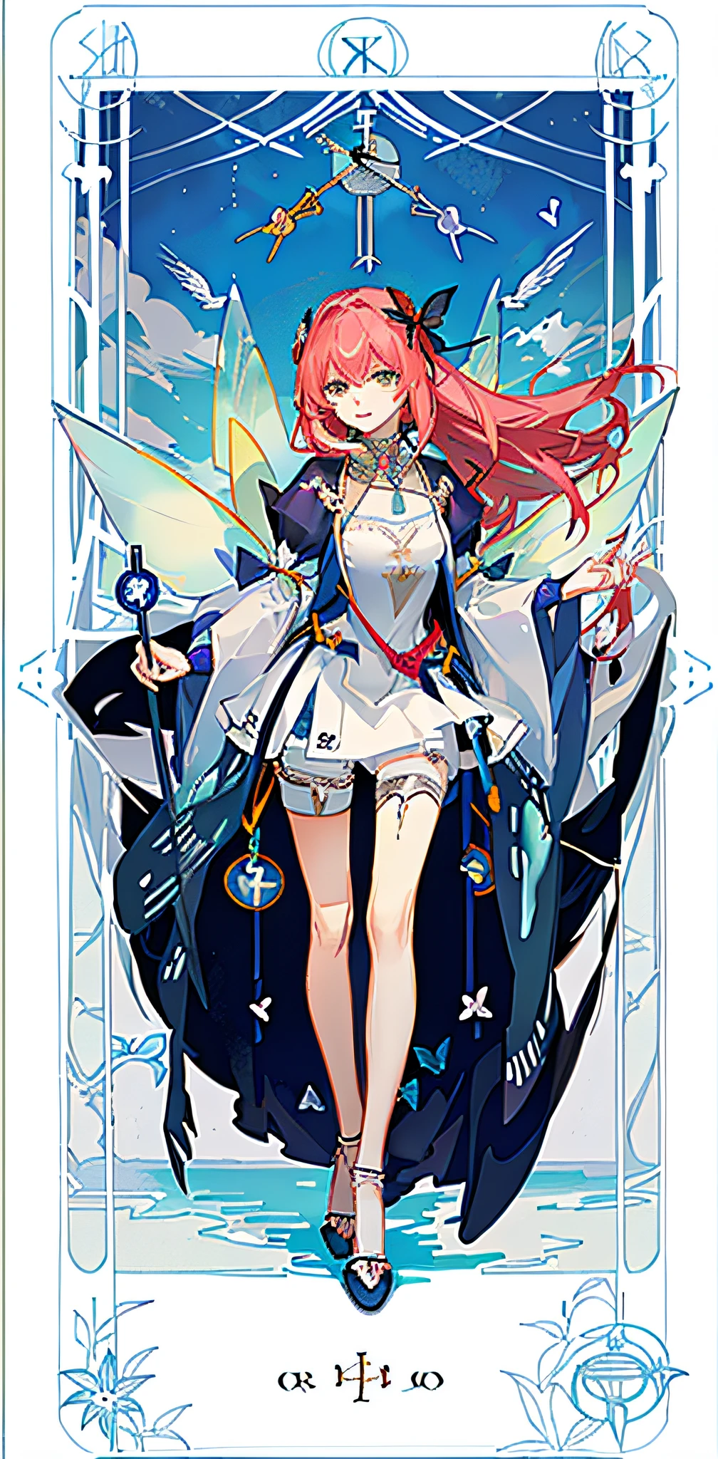 (Golden Ratio: 1.2), (Rose Graffiti: 1.2), (Glitch Color: 1.3), [(White Background: 1.4)::10], (Whole Body: 1.2), (Super Fine: 1.3), (Tarot :1.6),(Magician (Tarot):1.6),(Paper:1.2),(Fairy:1.6),(Fairy Wings:1.2),Full Body, Hanging,(Cool:1.2),(Red Long Hair ),(butterfly hair accessory),(flower hair accessory: 1.0),((sandals,Locket)),(colored cocktail dress: 1.0)+(loose-sleeve jacket: 1.3)+(fluttering colorful tassels and ribbons :1.2 ),(white stockings: 1.2),(colored ink paper flowers: 1.2),(colorful flower sea: 1.3),(chaotic geometry: 1.3),(negative space: 0.8),(drawing board: 1.3 ), (Ether Color ink flow: 1.3)