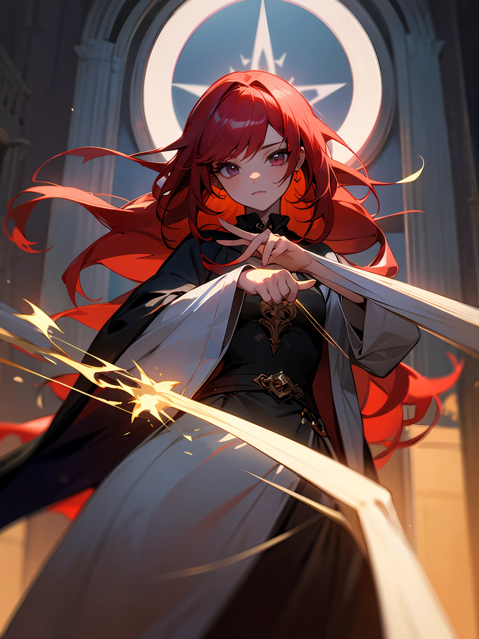 Beautiful girl, wizard, with red hair in gothic castle --auto