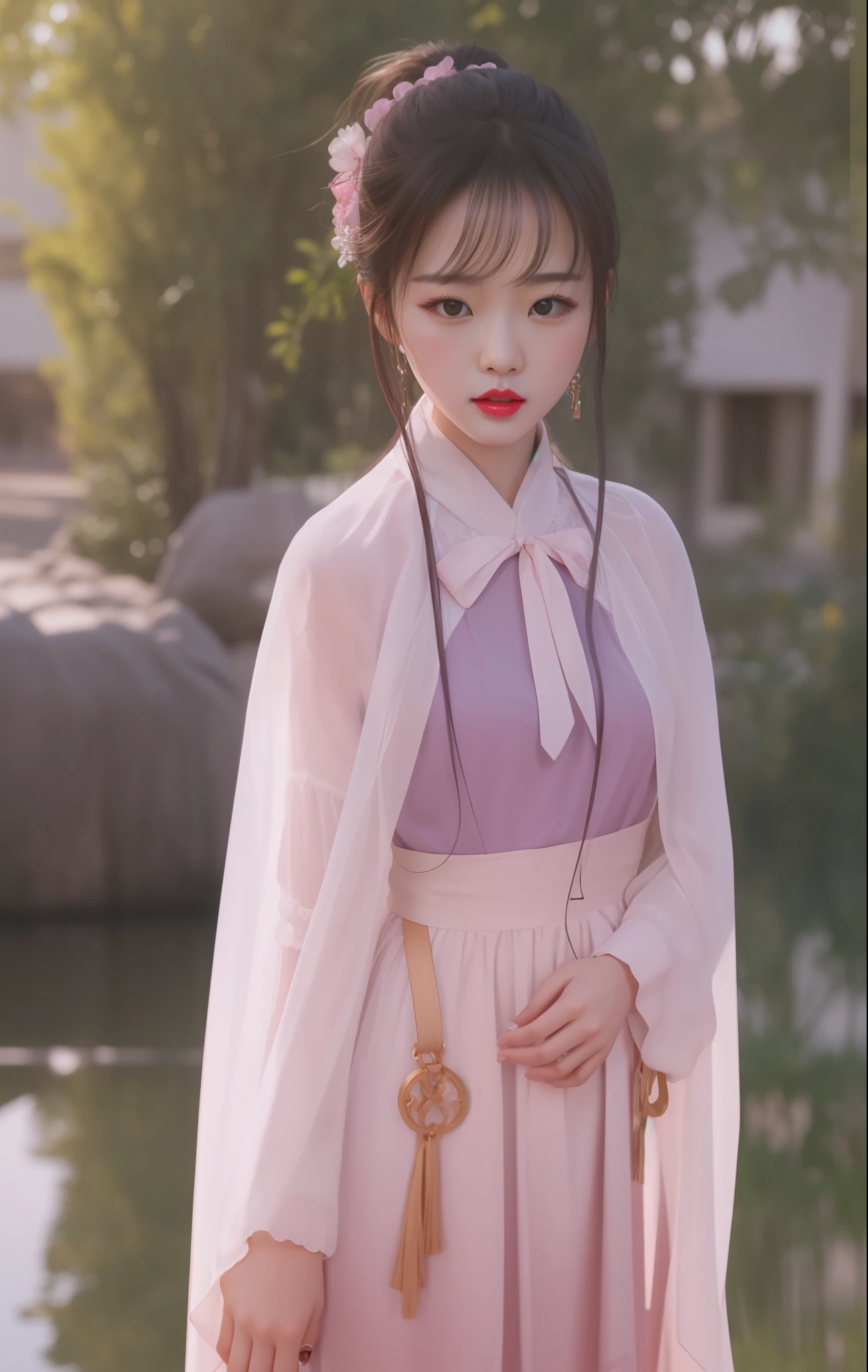 Liu Yifei's face，（tmasterpiece，best qualtiy，Extremely detailed 8K，hyper HD，hyper-detailing，highly details，Highly realistic，Ultra photo realsisim，photograph realistic），（1girll：1.5），（Detailed and realistic skin），（Photorealsitic），（pink lipstick）