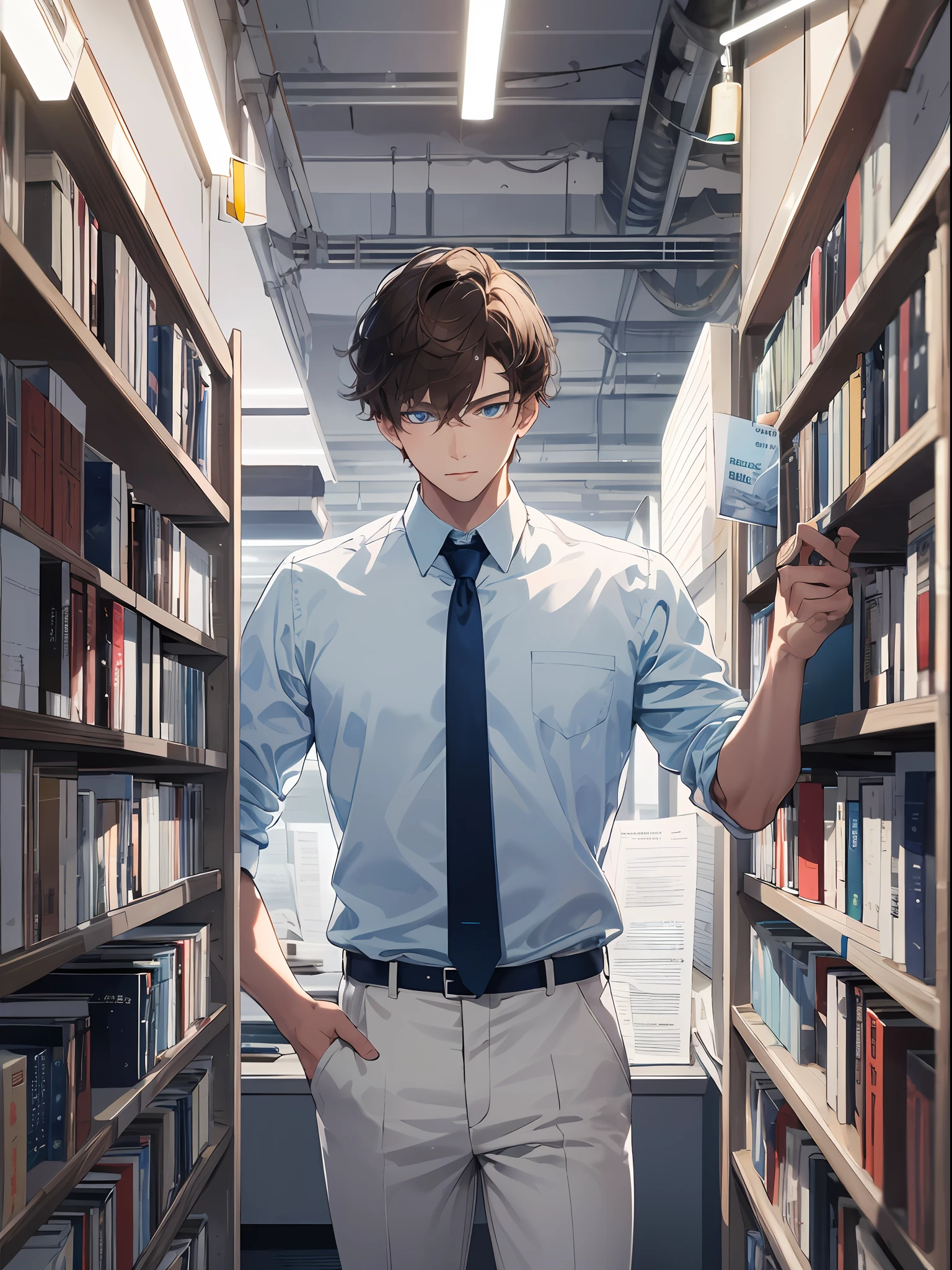 30 years old men,adult-like、tall、 Cool Mousse Brown Hair, White skin, Blue eyes, (Navy blue shirt and white tie), Slightly condescending eyes。 The background is an office with many books, Extremely high quality, High image quality, Extremely delicate drawing.