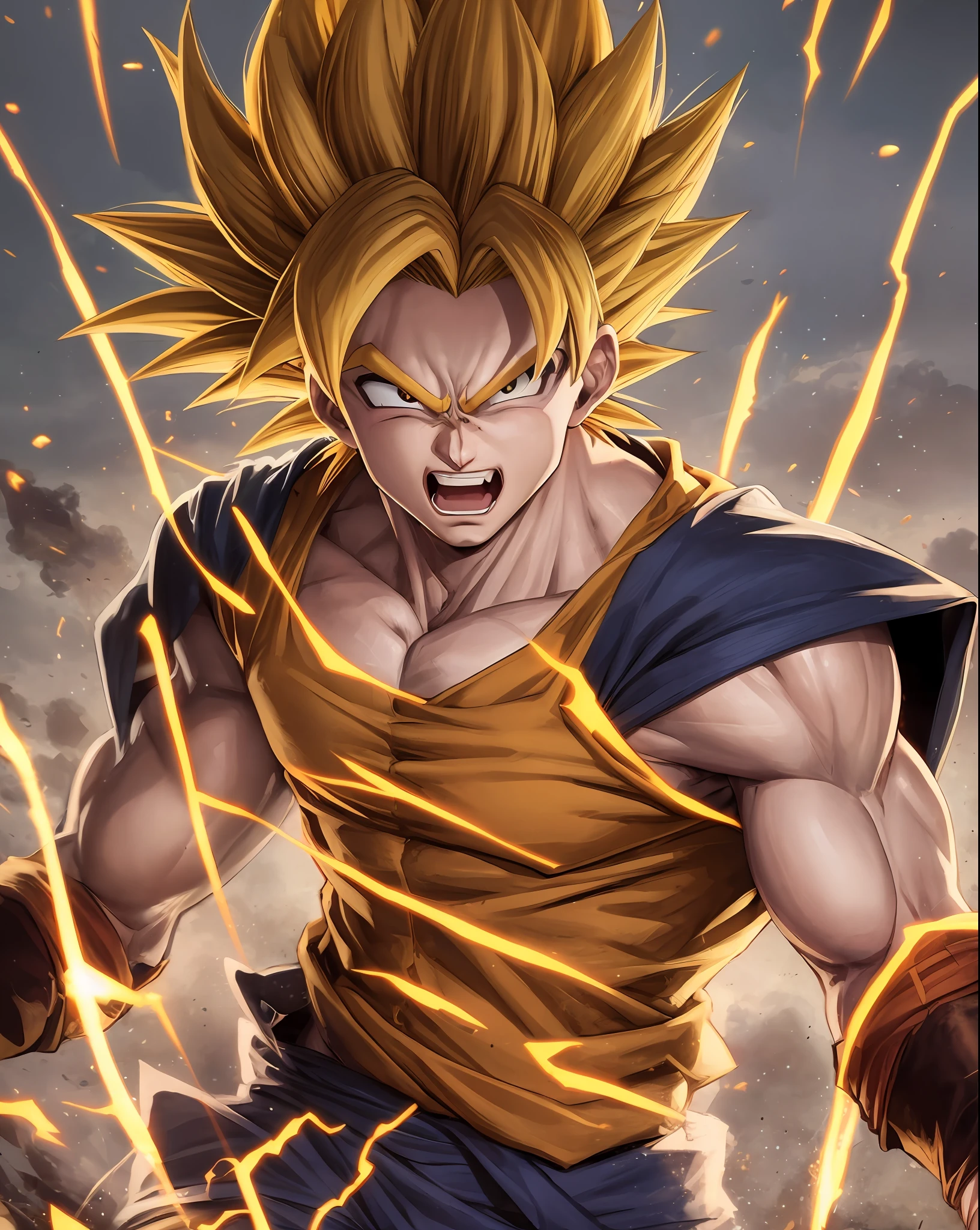 Goku super Sayajin 4, pelagem vermelha, rabo, energia saindo do corpo, cabelo voando com raios de energia, cabelo de fogo, Amazing image, mythological style