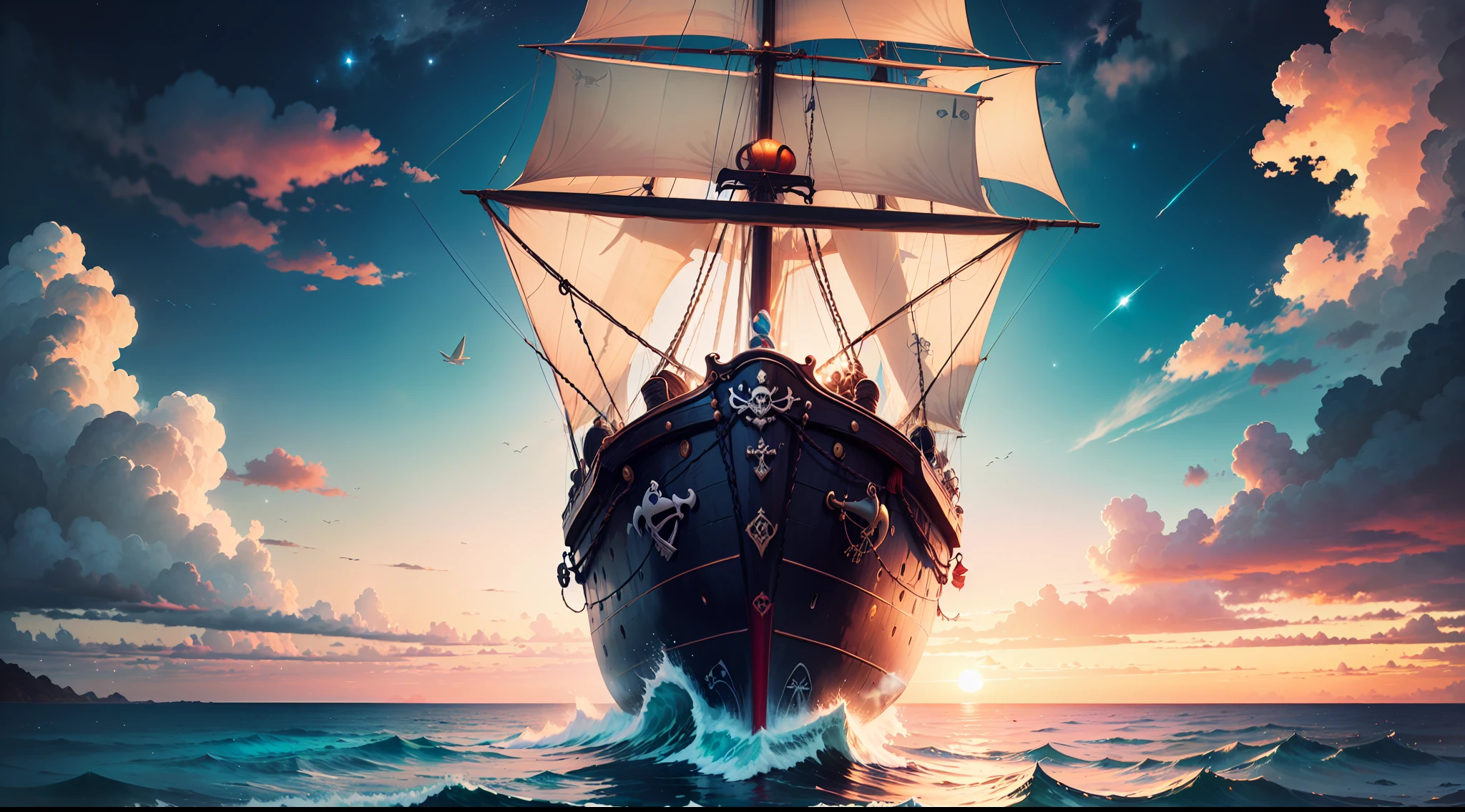 ((one pirate woman standing on fantasy sailing ship)), ((jewellery)), (colorful clouds), sunrise, stars, ships far away in ocean, tropic islands on horizon