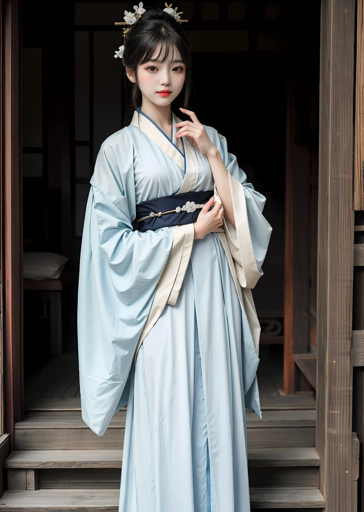 There is a woman posing for a photo in Hanfu, Expose large, Long bangs, Close your eyes, with acient chinese clothes, Japanese clothes, Wearing ancient Chinese clothes, Palace ， A girl in Hanfu, Traditional Chinese clothing, pale and coloured kimono, Chinese costume, traditional geisha clothing