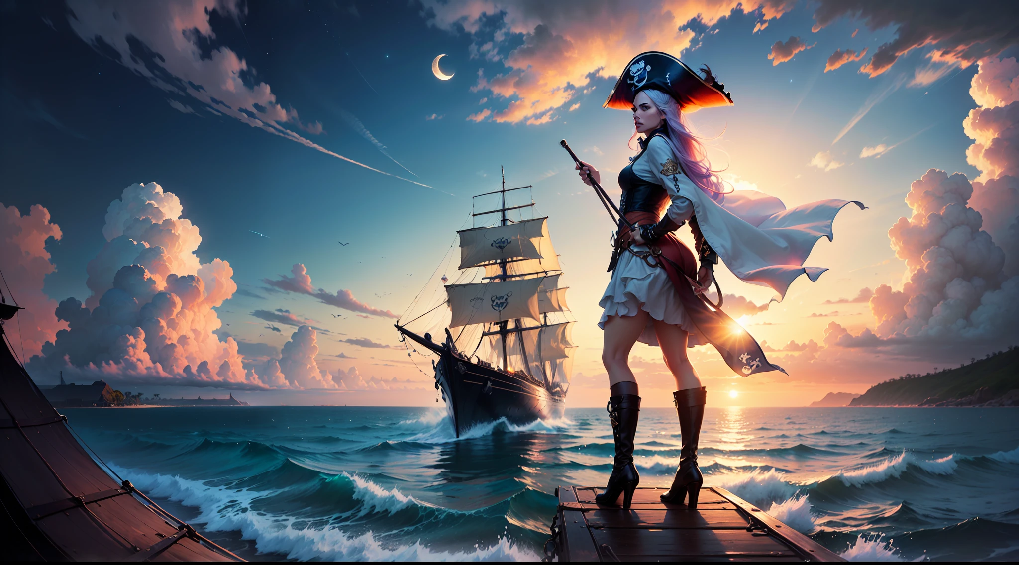 ((one pirate woman standing on fantasy sailing ship)), ((jewellery)), (colorful clouds), sunrise, stars, ships far away in ocean, tropic islands on horizon