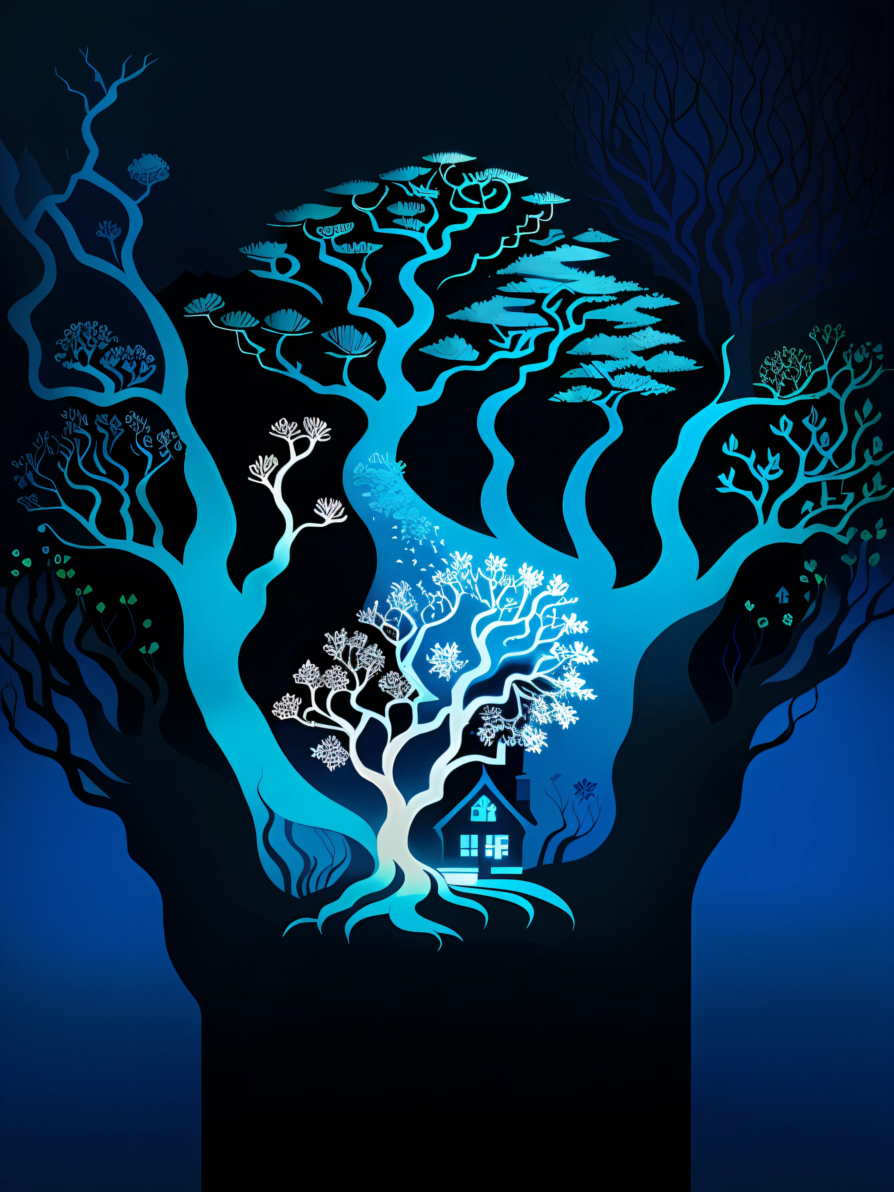 There is a blue tree，There is a house inside, inspirado em Eyvind Earle, Stylized digital illustration, blue tree, A illustration, Blue Forest, illustration, inspired by Lotte Reiniger, A beautiful artwork illustration, illustratio, portfolio illustration, illustratio, Artistic illustration, very coherent stylized artwork, stylized illustration, illustration!, illustratio, whimsical forest