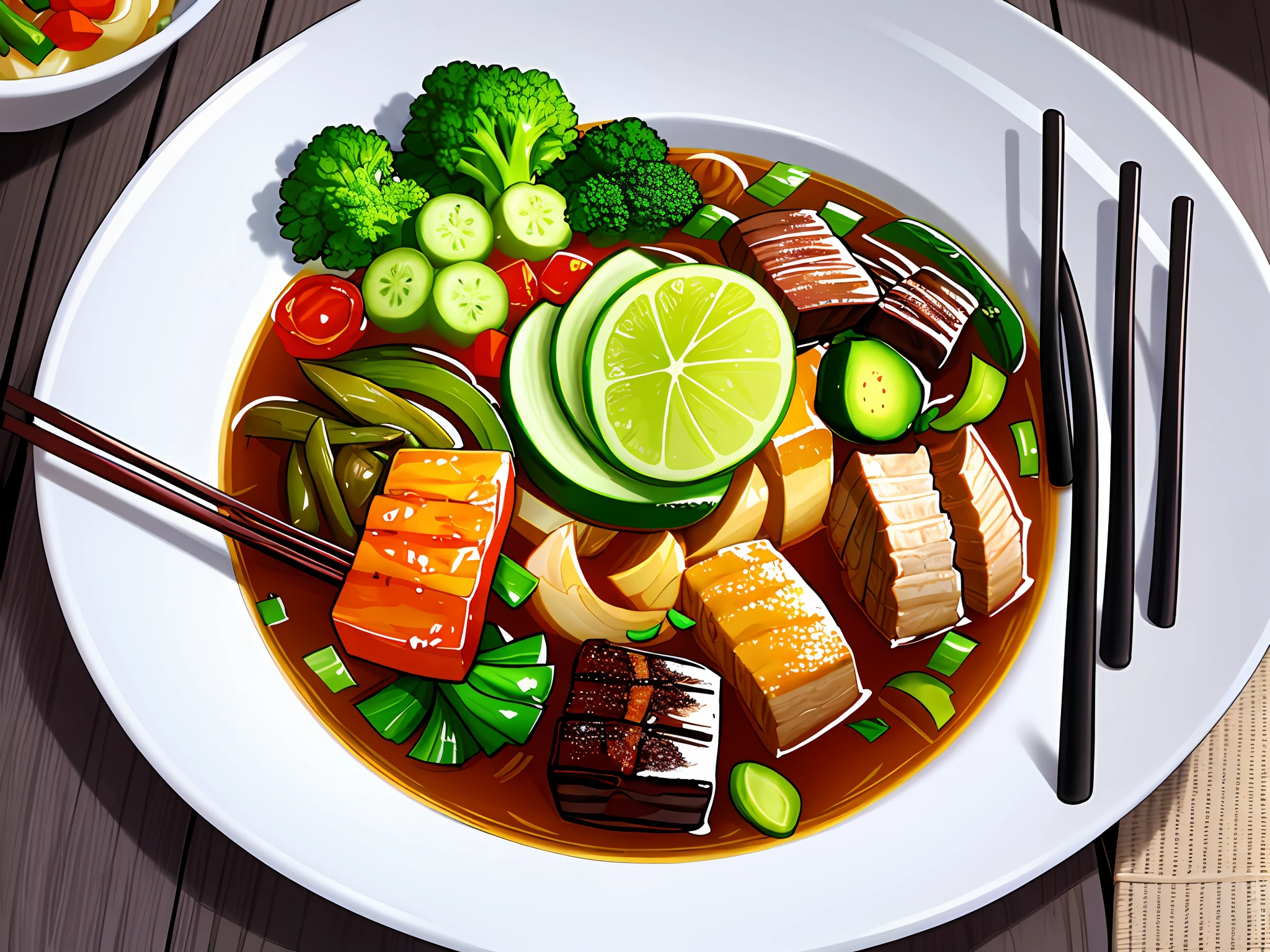 There was a bowl of food with chopsticks and broccoli, inspired by Tan Ting-pho, delicacy, in style of pan ren wei, Verdure, lim chuan shin, Chinese traditional, daopao, Chinese, Masterpiece works of art, mountain water, closeup at the food, inspired by Ni Tian, yee chong, beef, inspired by Hong Ren, Handsome