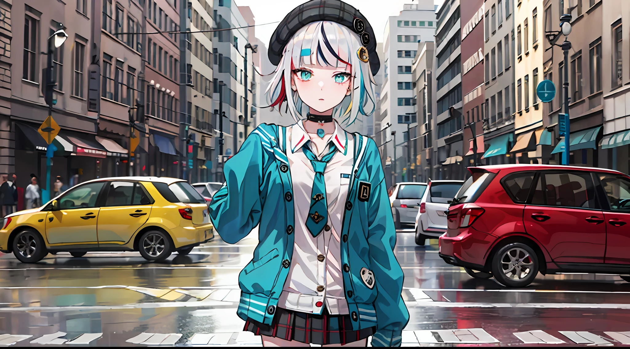 best quality, masterpiece, 1girl, solo,  red gradient streaked hair, short hair, white hair, lily (wacca), black beret, plaid skirt, choker, cyan sweater jacket, collared shirt, black plaid necktie, sleeves past fingers, blunt bangs