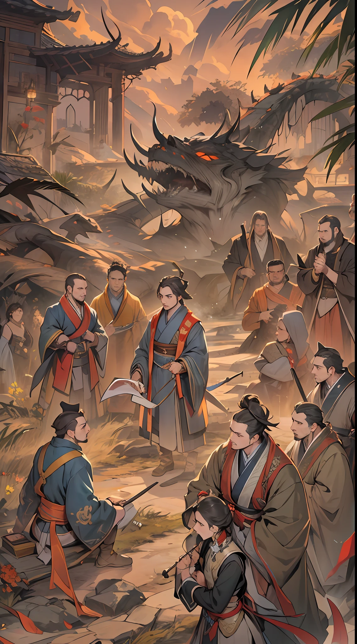 The leaders of the eight major forces decide to kill Li Gu again after fifteen days, believing that he is still a dead man. There is dissatisfaction and anxiety on the leaders' faces, surrounded by a cold aura, , 32k, best quality, masterpiece, super detail, high details,