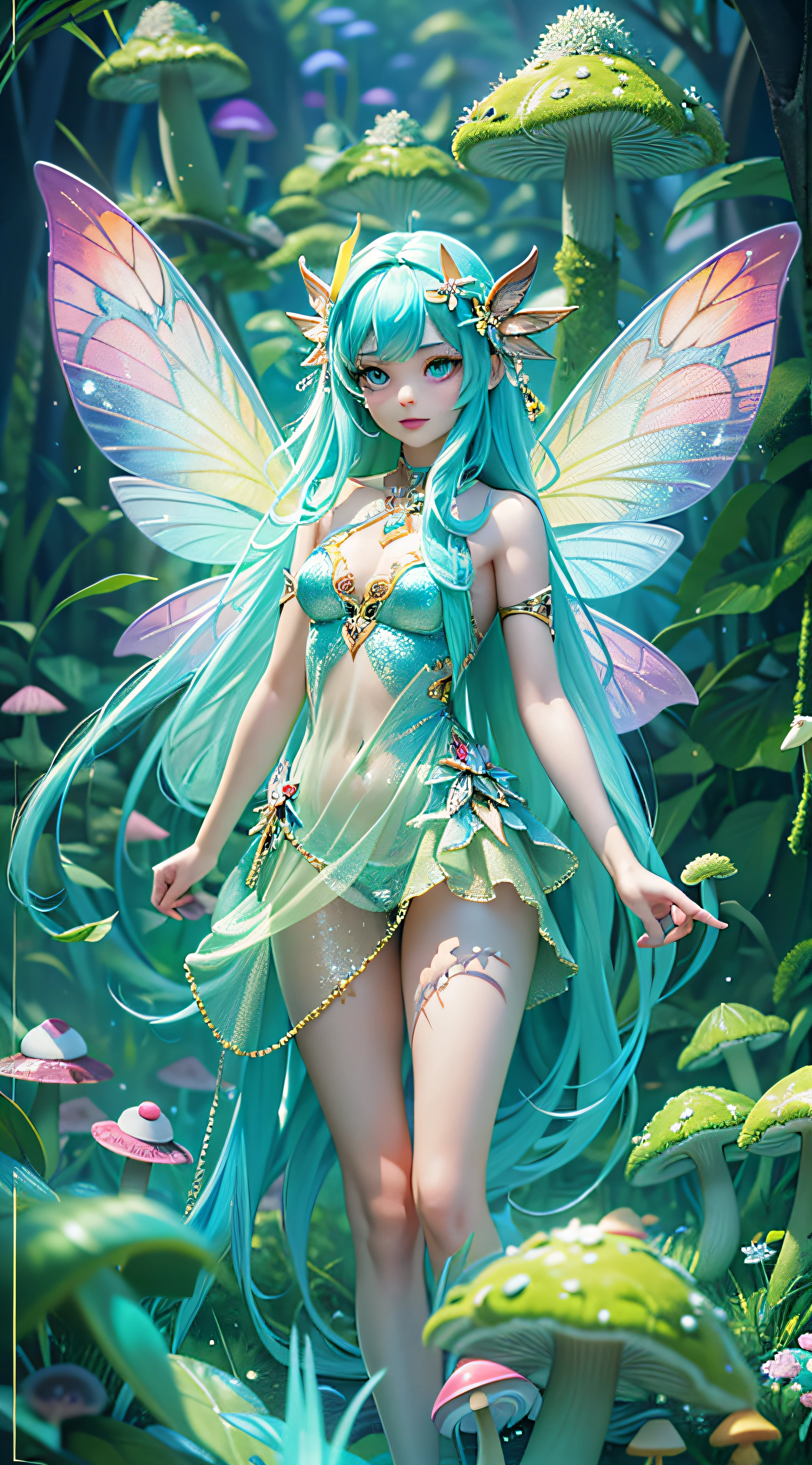 ((Masterpiece)), best quality, absurderes, ultra detailed, holographic, fairy girl, super beautiful asian girl with very beautiful lime blue eyes, beautiful glowing blue lime hair, straight long hair, nice and sexy body, wearing a very tight mini dress, very beautiful and luminescent fairy wings, flying in a psychodelic fairy forest with crazy mushrooms