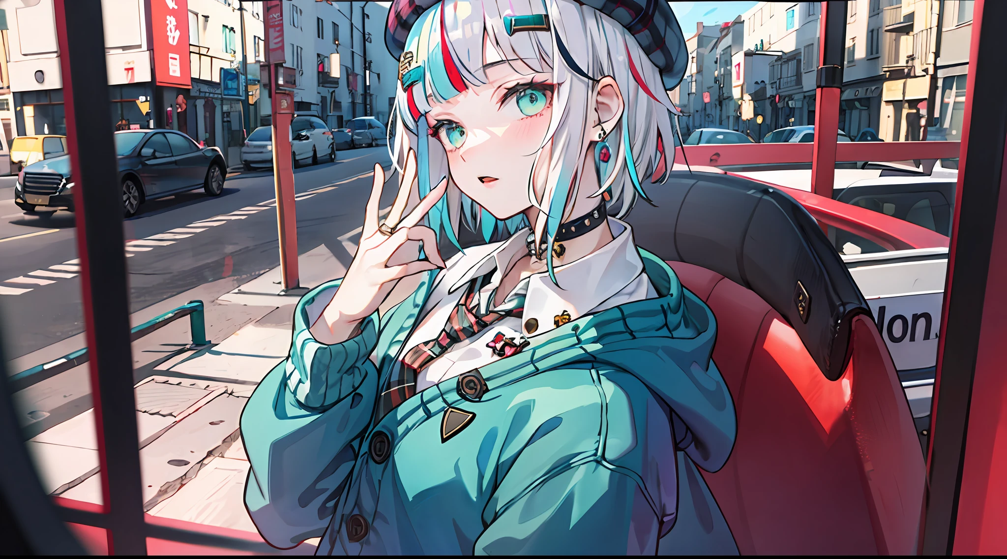 best quality, masterpiece, 1girl, solo,  red gradient streaked hair, short hair, white hair, lily (wacca), black beret, plaid skirt, choker, cyan sweater jacket, collared shirt, black plaid necktie, sleeves past fingers, blunt bangs