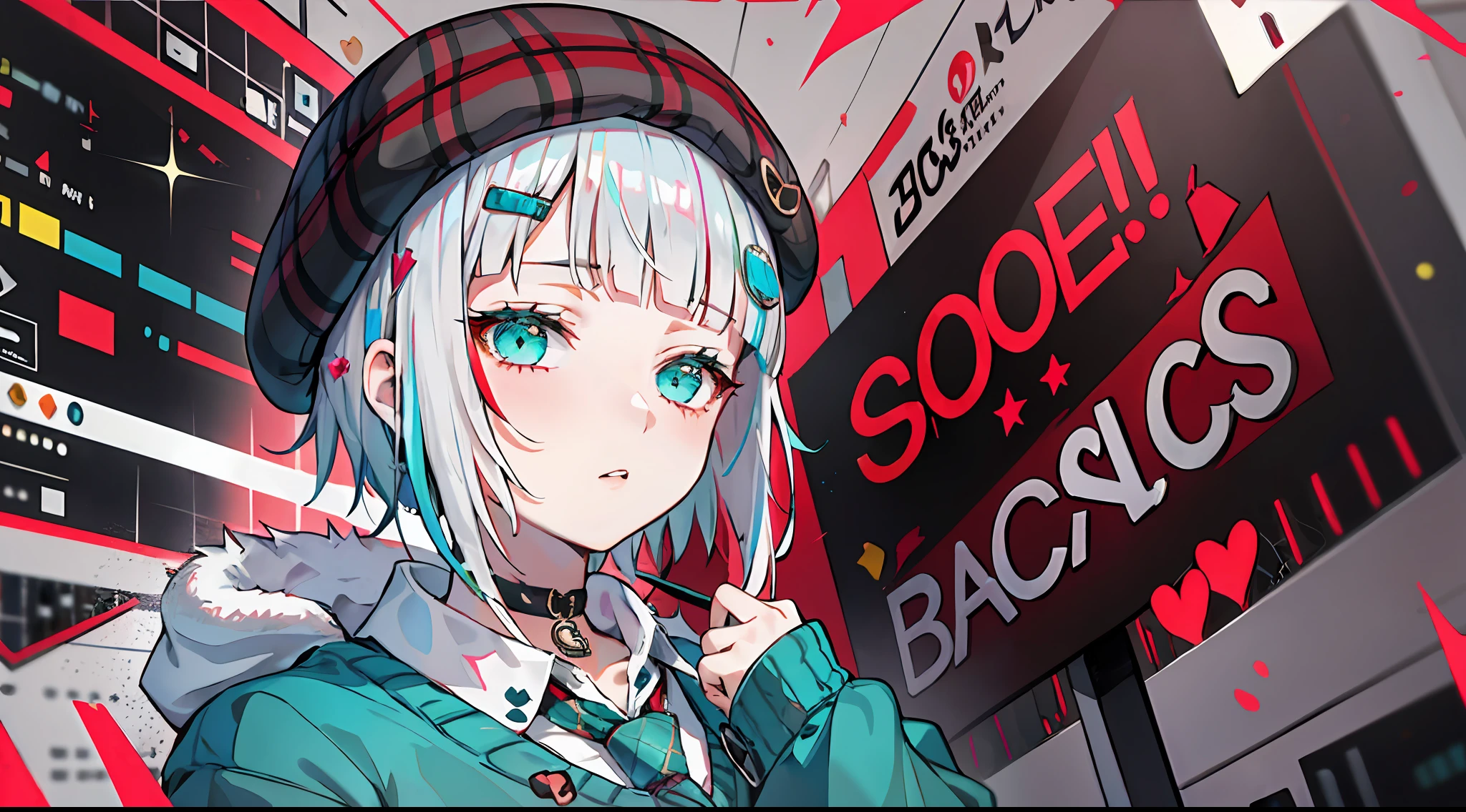 best quality, masterpiece, 1girl, solo, red gradient streaked hair, short hair, white hair, lily (wacca), black beret, plaid skirt, choker, cyan sweater jacket, collared shirt, black plaid necktie, sleeves past fingers, blunt bangs