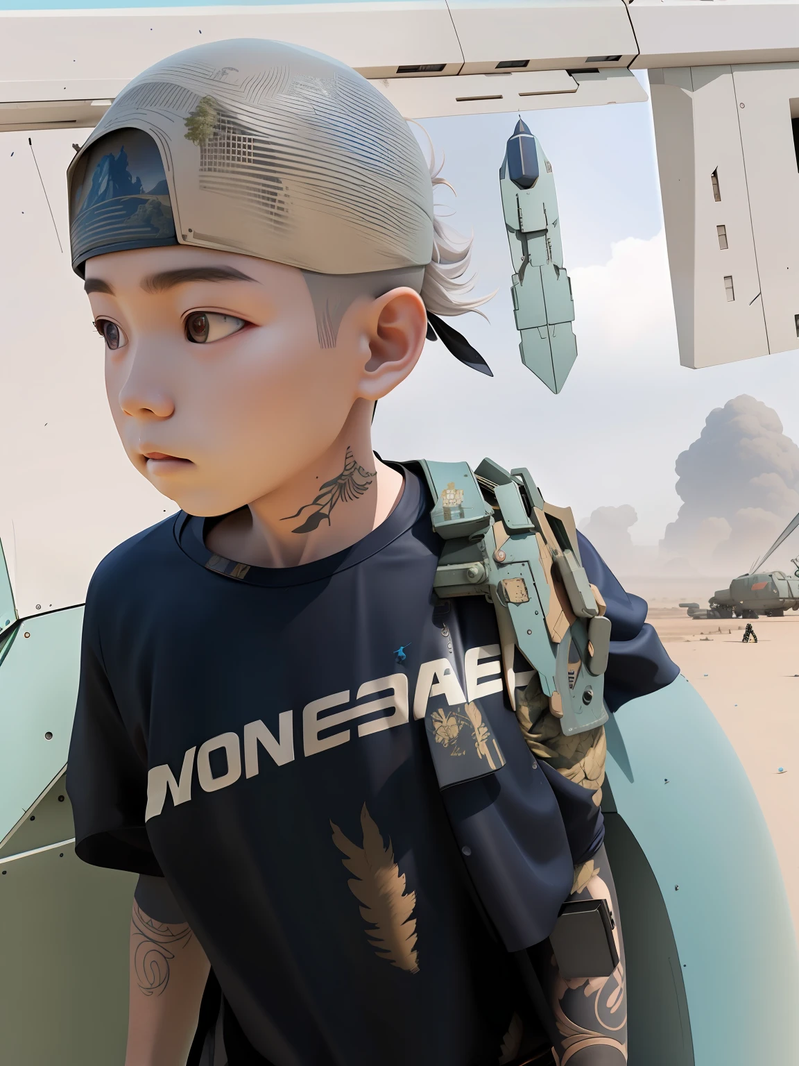 Big picture，over distances，Mechanical style，ultra-delicate，stroll，Background of war，Tattooed with，Libido boy，围巾，Down，With a huge weapon，The big mechanical dog followed，towering trees，Mechanical wreckage everywhere，fighter jets，Blue sky，4K，Ultra-clear image quality，