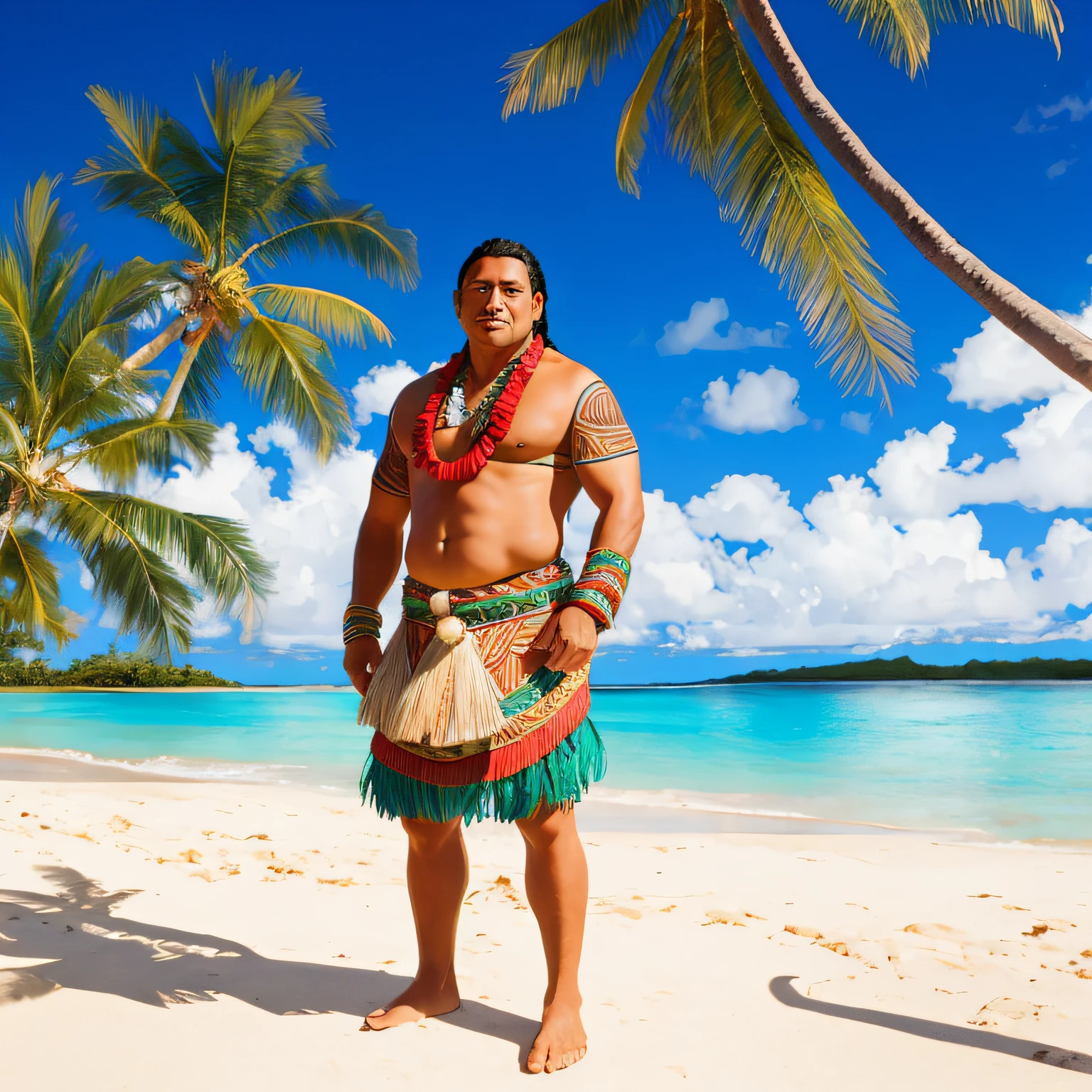 A Polynesian man in tribal clothing stands on a deserted beach, segurando firmemente um gancho feito de osso.
