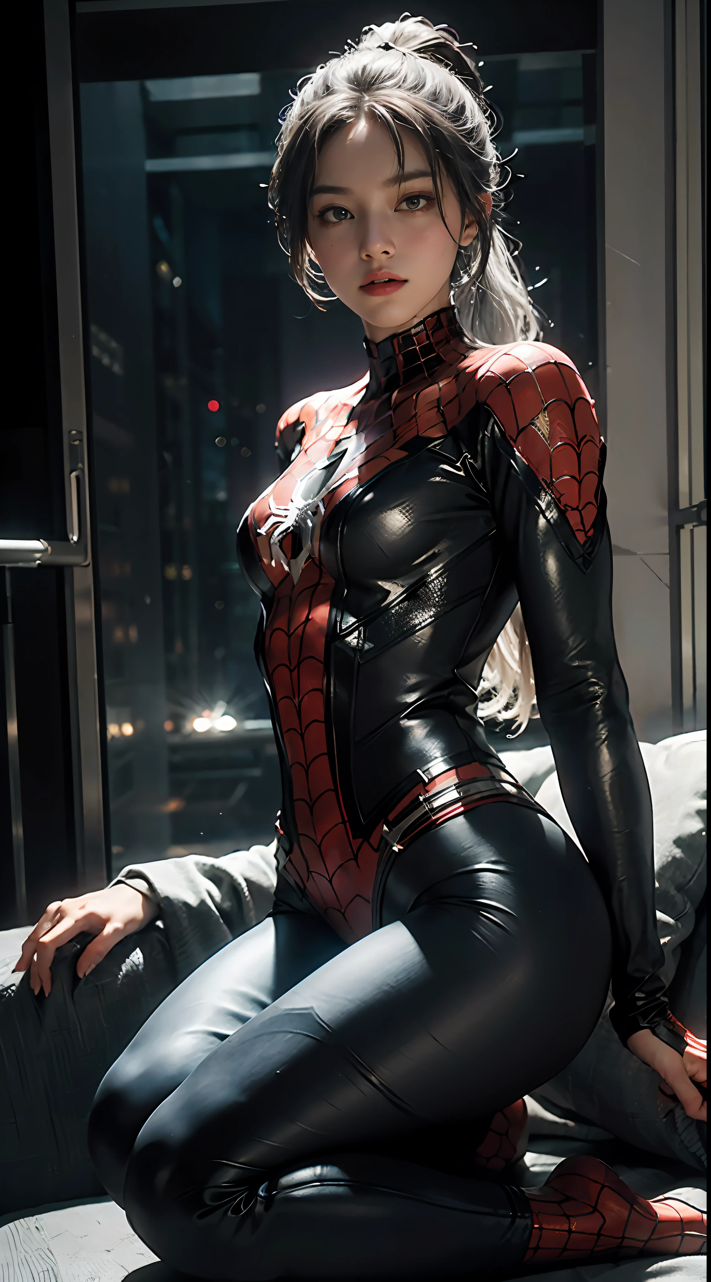 (CG Unity 8K wallpaper in extreme detail，tmasterpiece，Highest image quality)，(Delicate light and shadow，The picture is highly dramatic，Cinematic lens effect)，A girl in a white Spider-Man costume，High ponytail，full bodyesbian，Silver-gray hair color，From the Spider-Man parallel universe，gwyn，Marvel，Spidey，Kneel on the sofa，dynamicposes)，(Exceptional detail，The lighting effect is outstanding，Vista wide angle)，(Excellent rendering，Enough to stand out from the crowd)，The focus is on the white Spider-Man costume，Complex black spider texture，in a panoramic view，sobu。