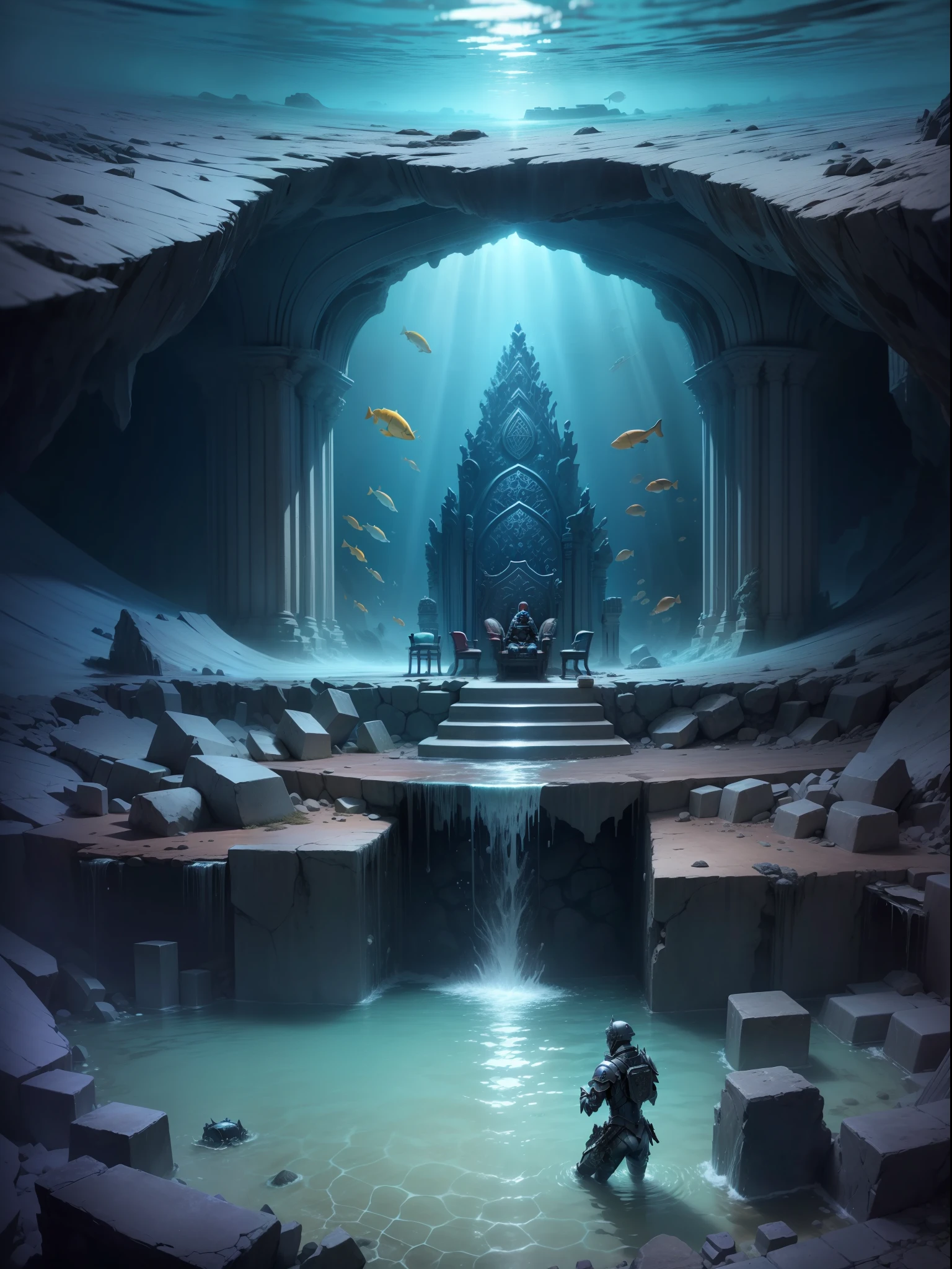 Inside the underwater temple、((Throne of Empty Seats))、(Soldier in kneeling scale armor)、collapse、abyssal、The wall is breached and water comes in、Deep-sea fish、reefs、Underwater caves