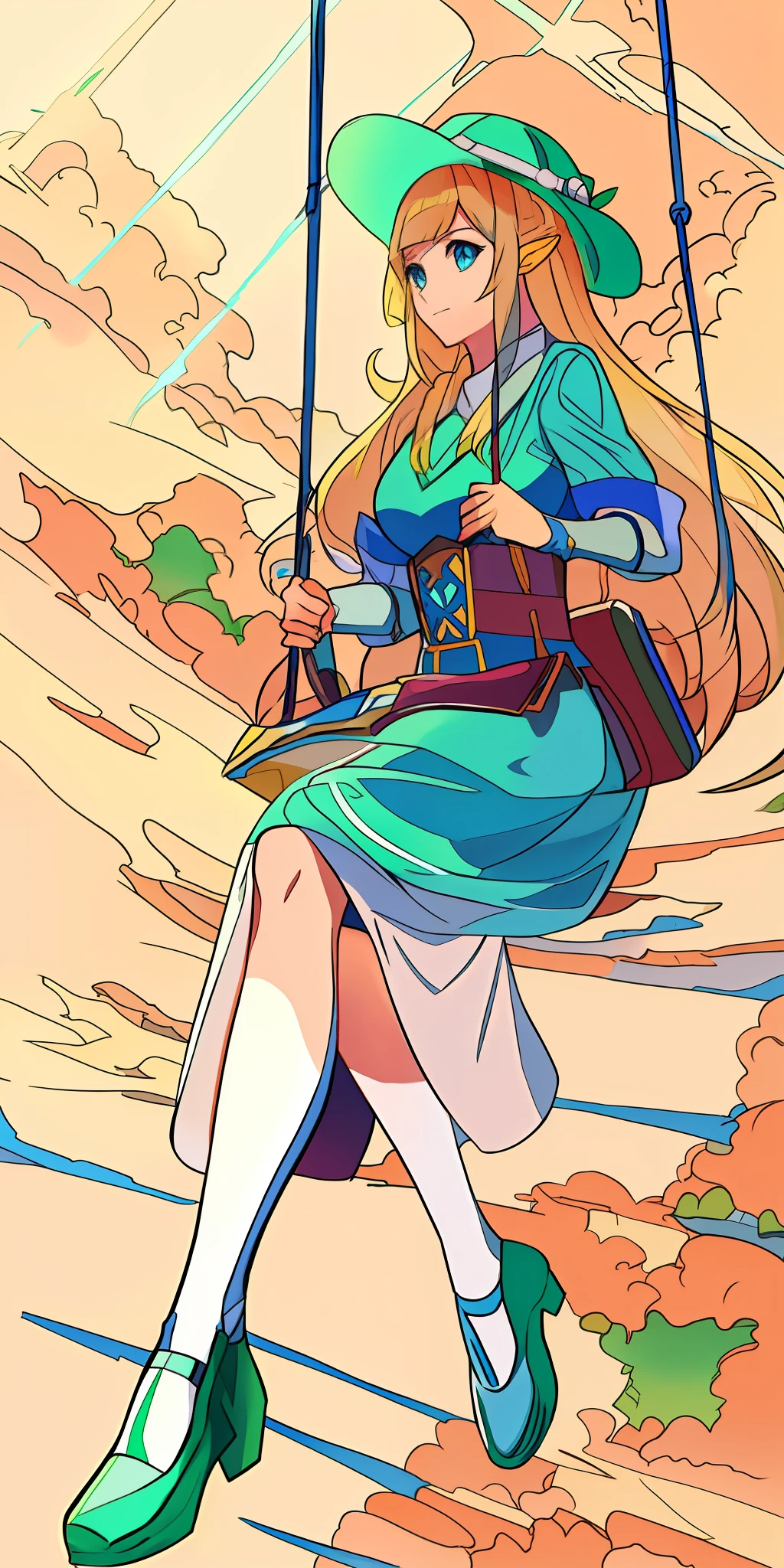 Anime girl swinging on swing with a book in her hand, Zelda, From《Legend of Zelda》, zelda style art, zelda botw, anime art nouveau, botw style, Princess Zelda, author：hiyao miyazaki, Nausicaa, botw, mana in the air, Hyrule, Nausicaa Ghibli, an retro anime image, Official artwork