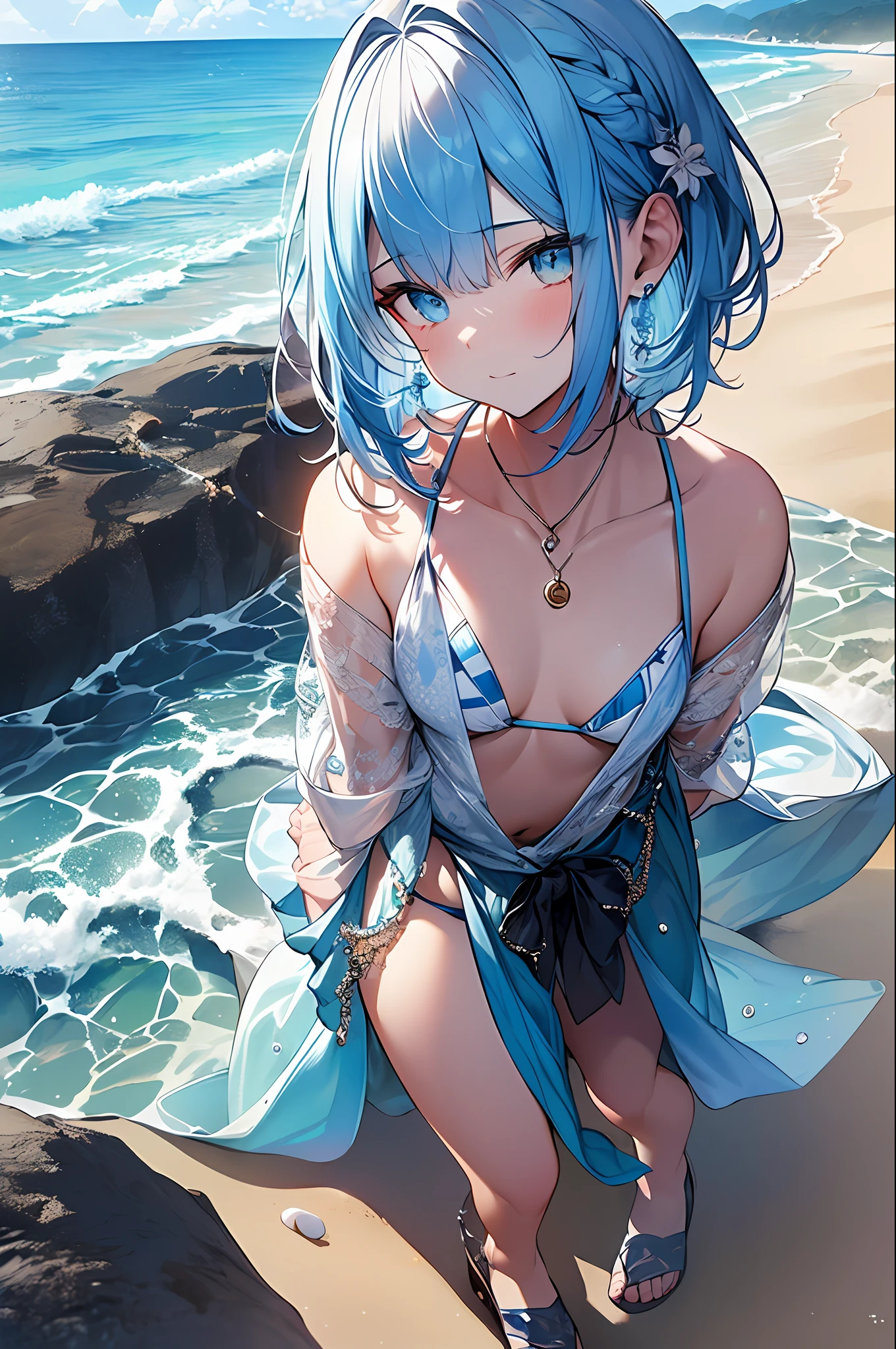 ((​masterpiece、top-quality、Watercolor art(Pendants)、Official art、Beautifully Aesthetic:1.2))、(the golden ratio:1.2)、(full body Esbian:1.2)、(ultra-detailliert:1.3)、(1girl in:1.3)、(Fractal Art:1.3)、full body Esbian、((Glitter pupils))、patterns、((rainbow-colored hair、colourful hair、Half light blue and half blue hair:1.2))、colourfull、Writing、(heterochromia iridis)、(colourfull:1.5)、((swim wears))、((Shy face))、((Blue Micro Bikini))、(Standing)、(Hyper-detailing), ((delicate detail)), (intricate detailes), ((ciinematic light, best quality backlight)), highcontrast, ((The best lighting, extremely delicate and beautiful)), ((ciinematic light))、(ray trace reflection、brilliance)、((glowing aura))、((Radiant hair))、((The ultra-detailliert))、((8K))、((write))、Delicate beautiful face and eyes,Focus on Face, Sea、Beach、​masterpiece,Detailed splashes, Beautiful detail water、Shock sensation、(realisitic:0.5)、Original 2 High Saturation、(backs)、Turned、(Sea, Sandy beach and rocky area in the background)、((full body Esbian))、(Standing on the beach)