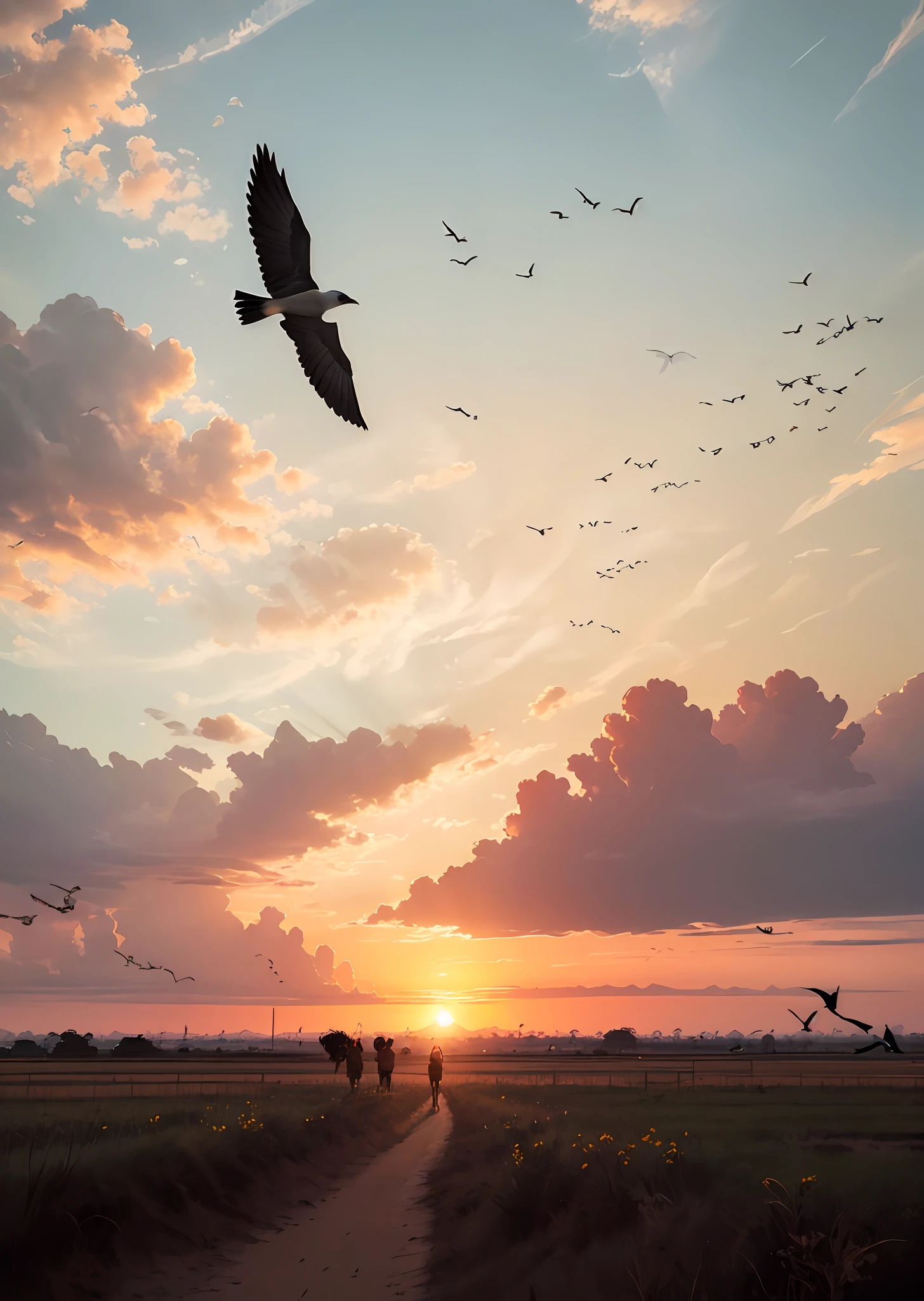there are many birds flying in the sky at sunset, SUNSET ILLUSTRATION, dois guindastes voando pelo sol, sun sunset, setting sun, Sunset, nascer do sol, sol vermelho no fundo, red sunset, flying birds in distance, flying through sunset, flying birds in the distance, sunset in the background, nascer do sol, it is sunset, birds flying in the distance --auto